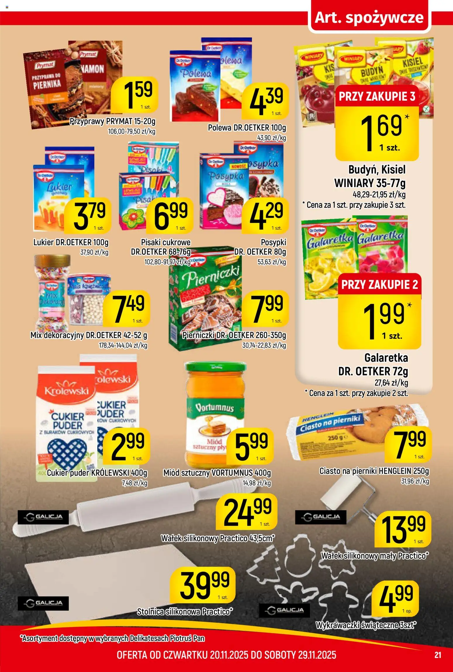 Piotruś Pan Gazetka od 20.11.2025 | Strona: 21 | Produkty: Pisaki cukrowe, Miód, Pierniczki dr. oetker, Puder