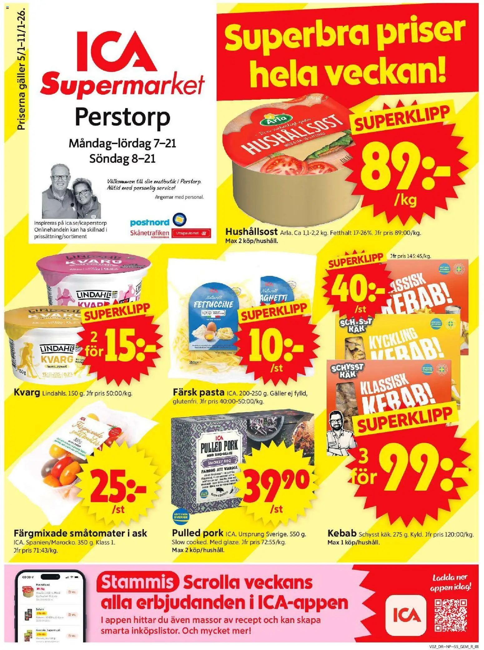 ICA Supermarket reklamblad aktuell från 05.01.2026 | Sida: 1 | Produkter: Galler, Hushållsost, Pasta, Kvarg
