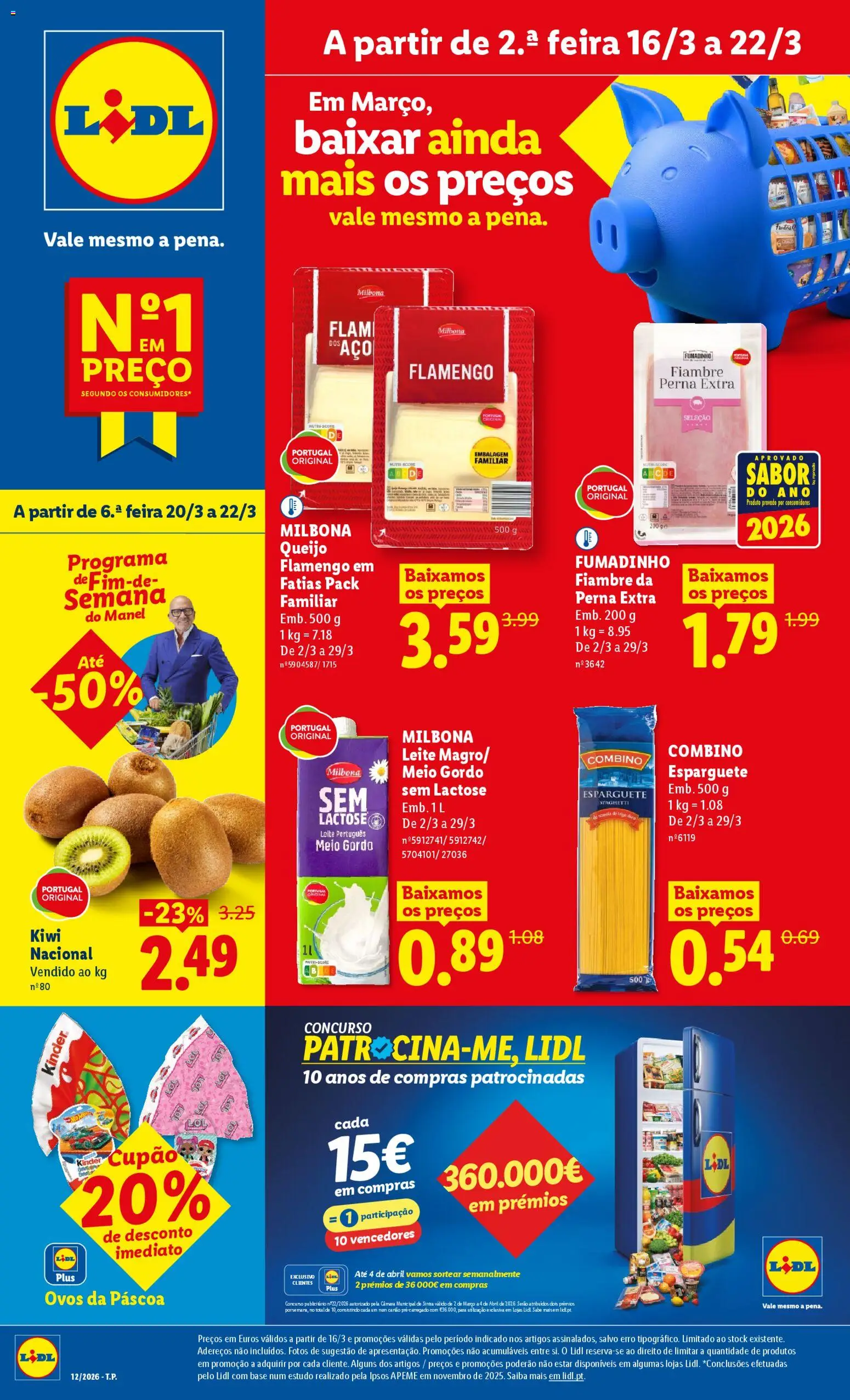 Lidl folheto │ válido de 16.03.2026 | Página: 1 | Produtos: Esparguete, Base, Leite, Ovos