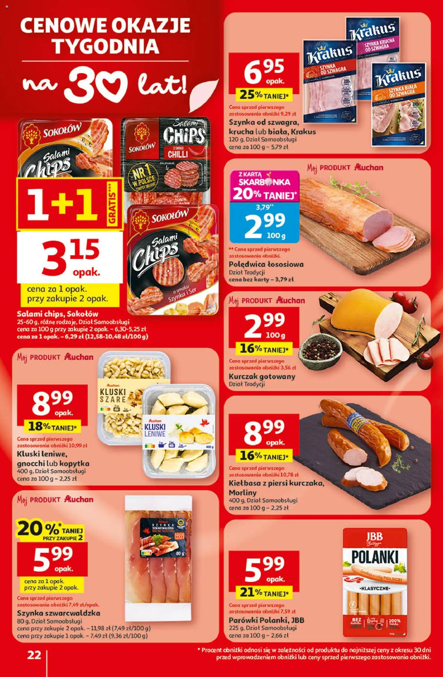 Auchan - Gazetka 30 Lat Hipermarket  od 09.04.2026 | Strona: 22 | Produkty: Piersi, Parówki, Ser, Szynka szwarcwaldzka