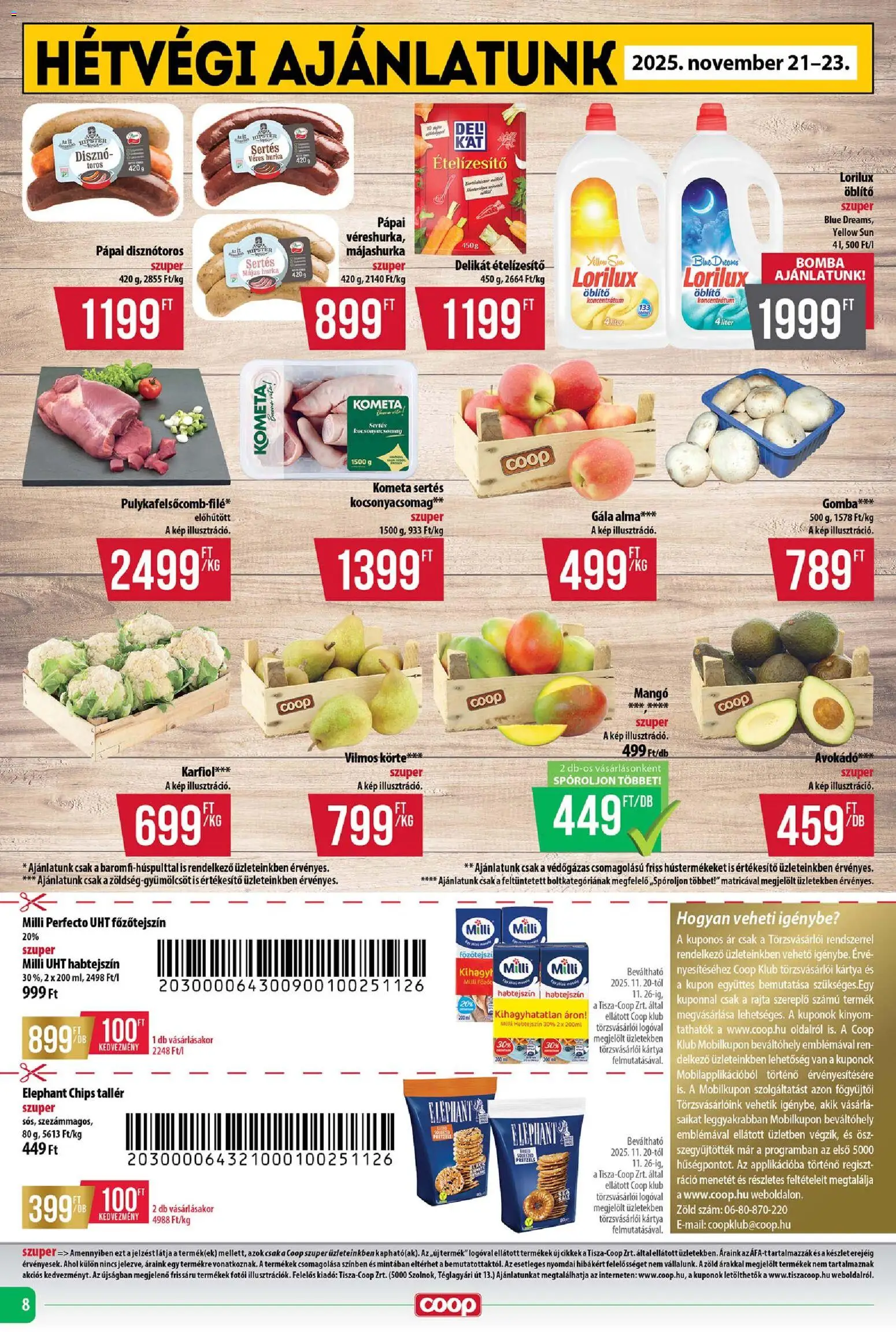 COOP akciós ujság - amely érvényes a következő dátumtól: 20.11.2025 | Oldal: 8 | Termékek: Habtejszín, Hurka, Avokádó, Mangó