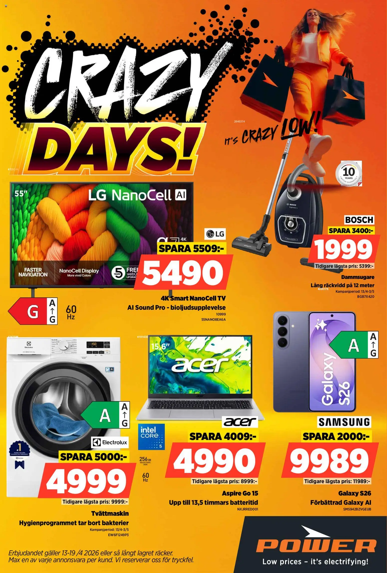 Power reklamblad aktuell från 13.04.2026 | Sida: 1 | Produkter: Dammsugare, Galler, Tv, Tvättmaskin