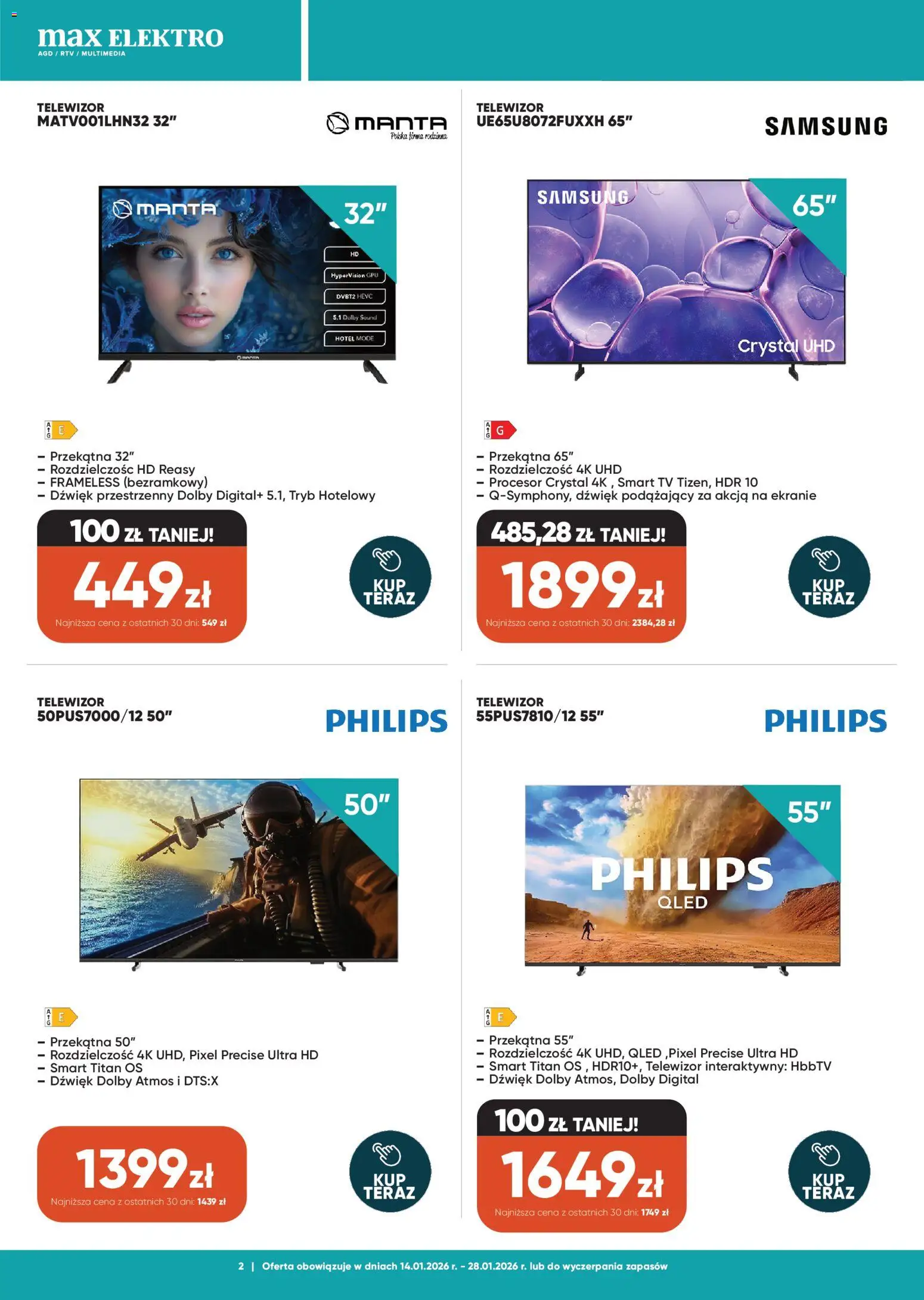 Max elektro Gazetka od 14.01.2026 | Strona: 2 | Produkty: Telewizor