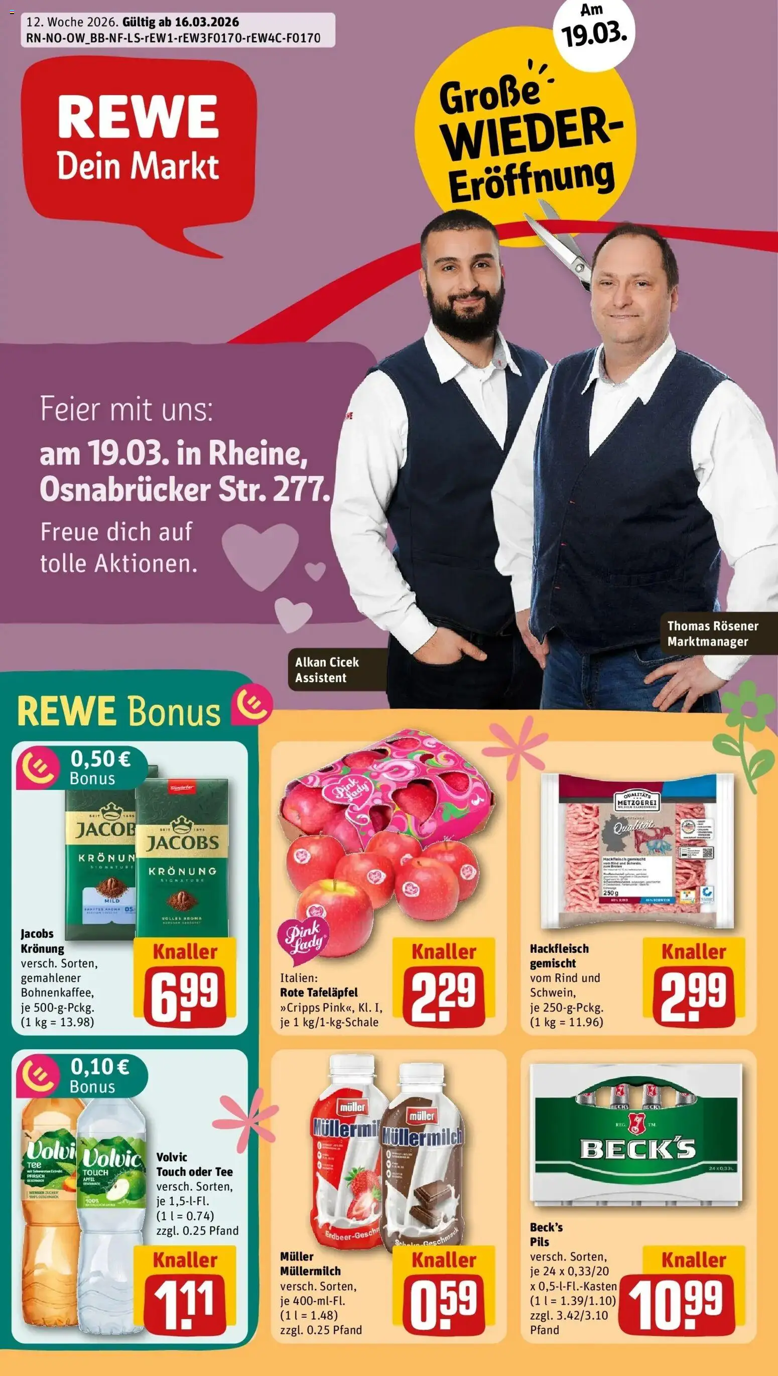 Rewe Prospekt Rheine	 – gültig ab 15.03.2026 | Seite: 1 | Produkte: Äpfel, Pfirsich, Volvic, Muller mullermilch