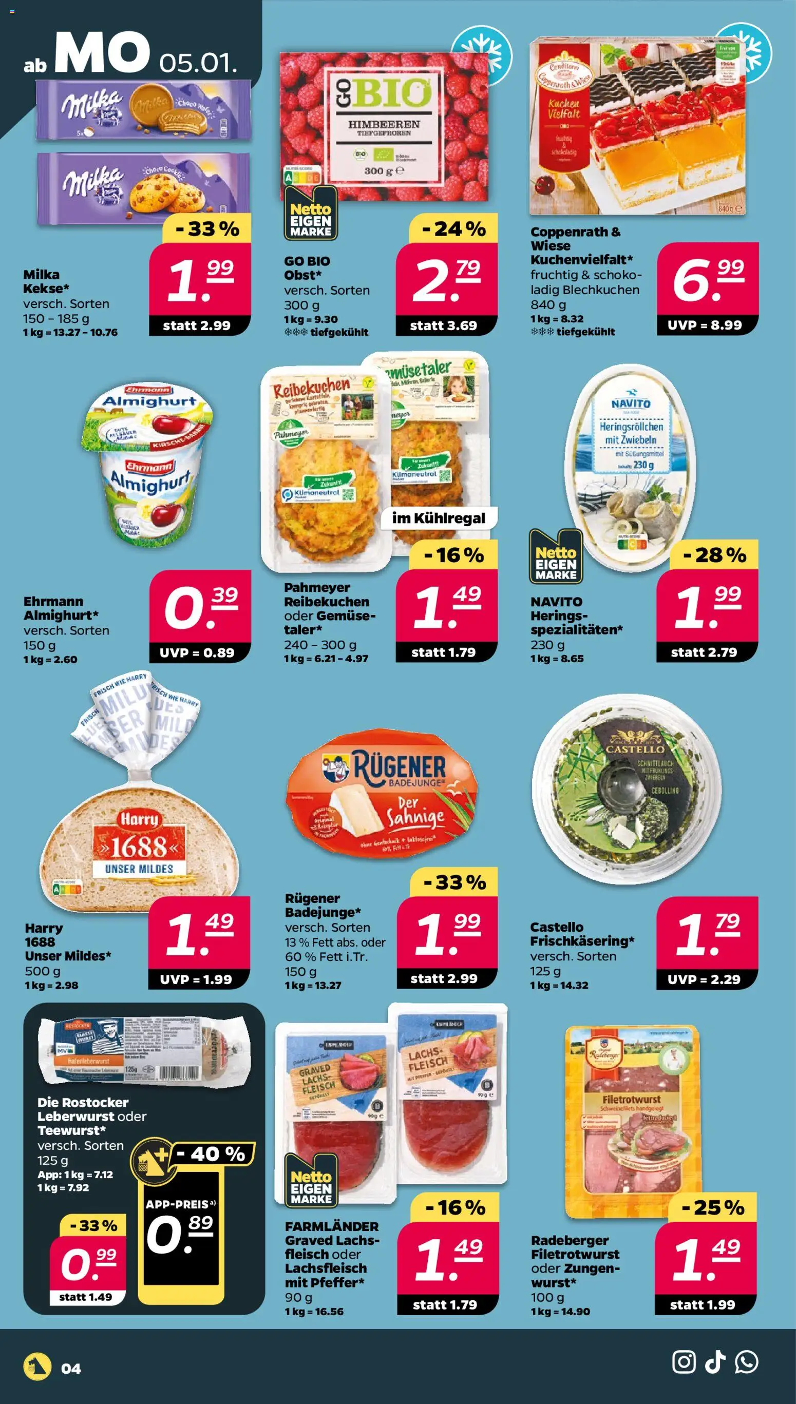 Netto Prospekt 	 – gültig ab 05.01.2026 | Seite: 4 | Produkte: Himbeeren, Milka, Lachs, Fleisch