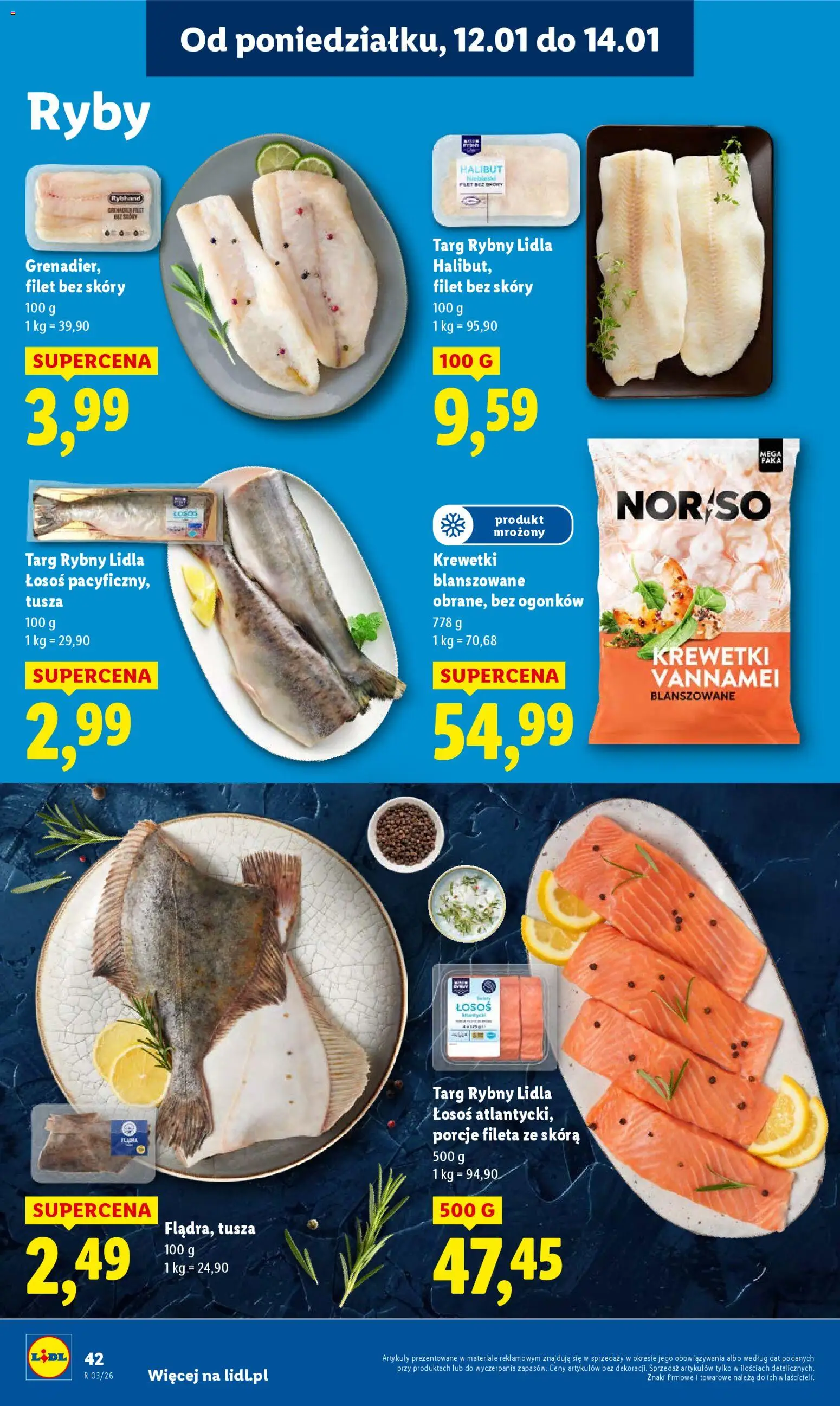 Lidl Gazetka od 12.01.2026 | Strona: 42 | Produkty: Krewetki, Halibut, Łosoś, Ryby