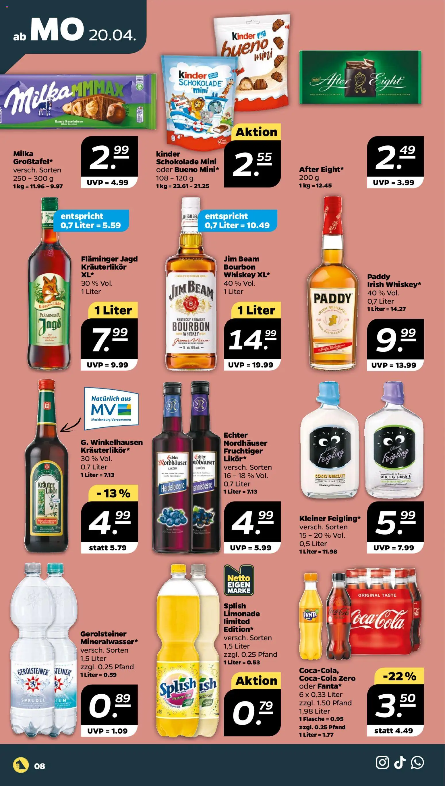 Netto Prospekt 	 – gültig ab 20.04.2026 | Seite: 8 | Produkte: Jim beam, Cola, Likör, Milka