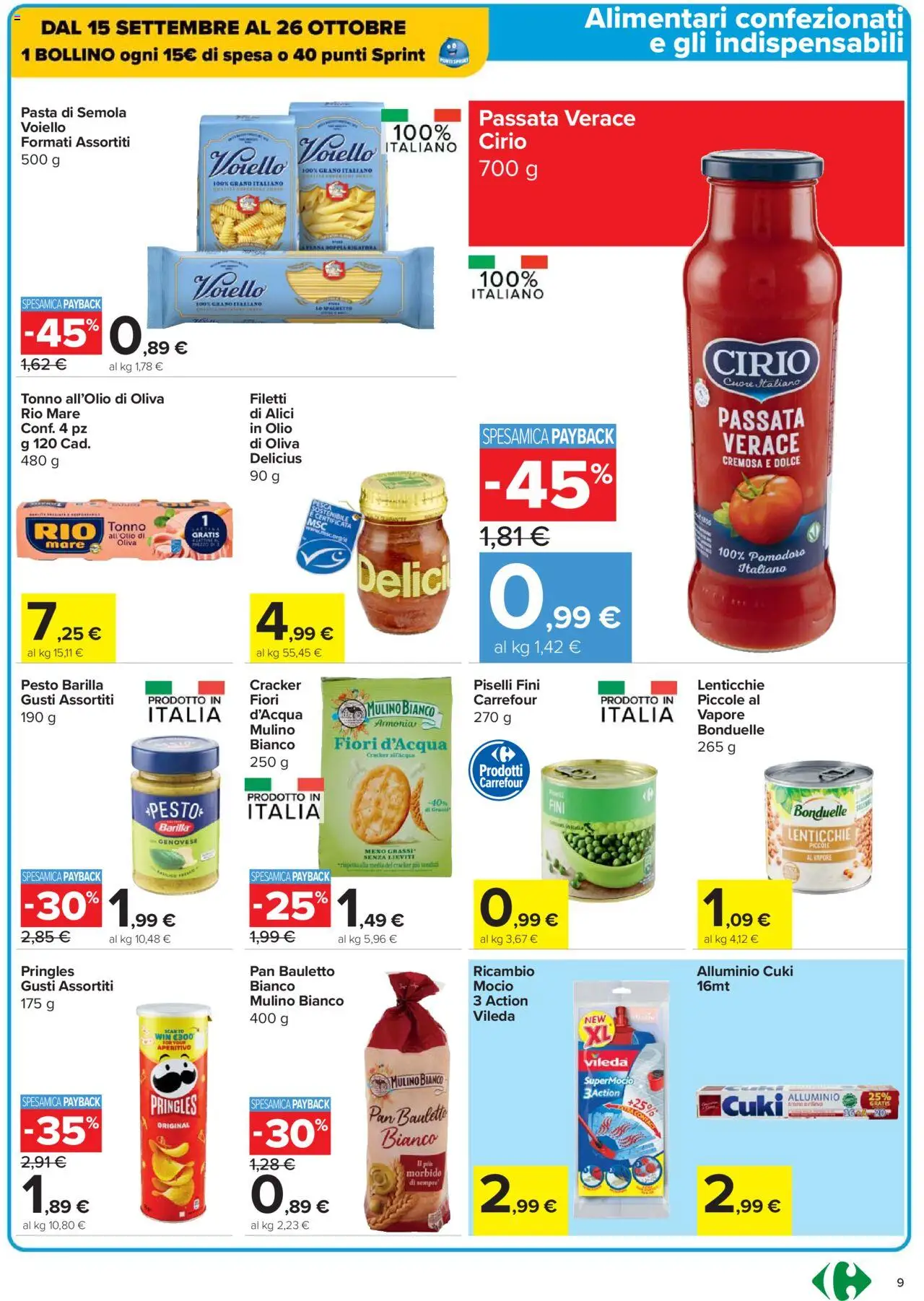 Volantino Carrefour del 14.10.2025 | Pagina: 9 | Prodotti: Mocio, Pomodoro, Alluminio, Aperitivo