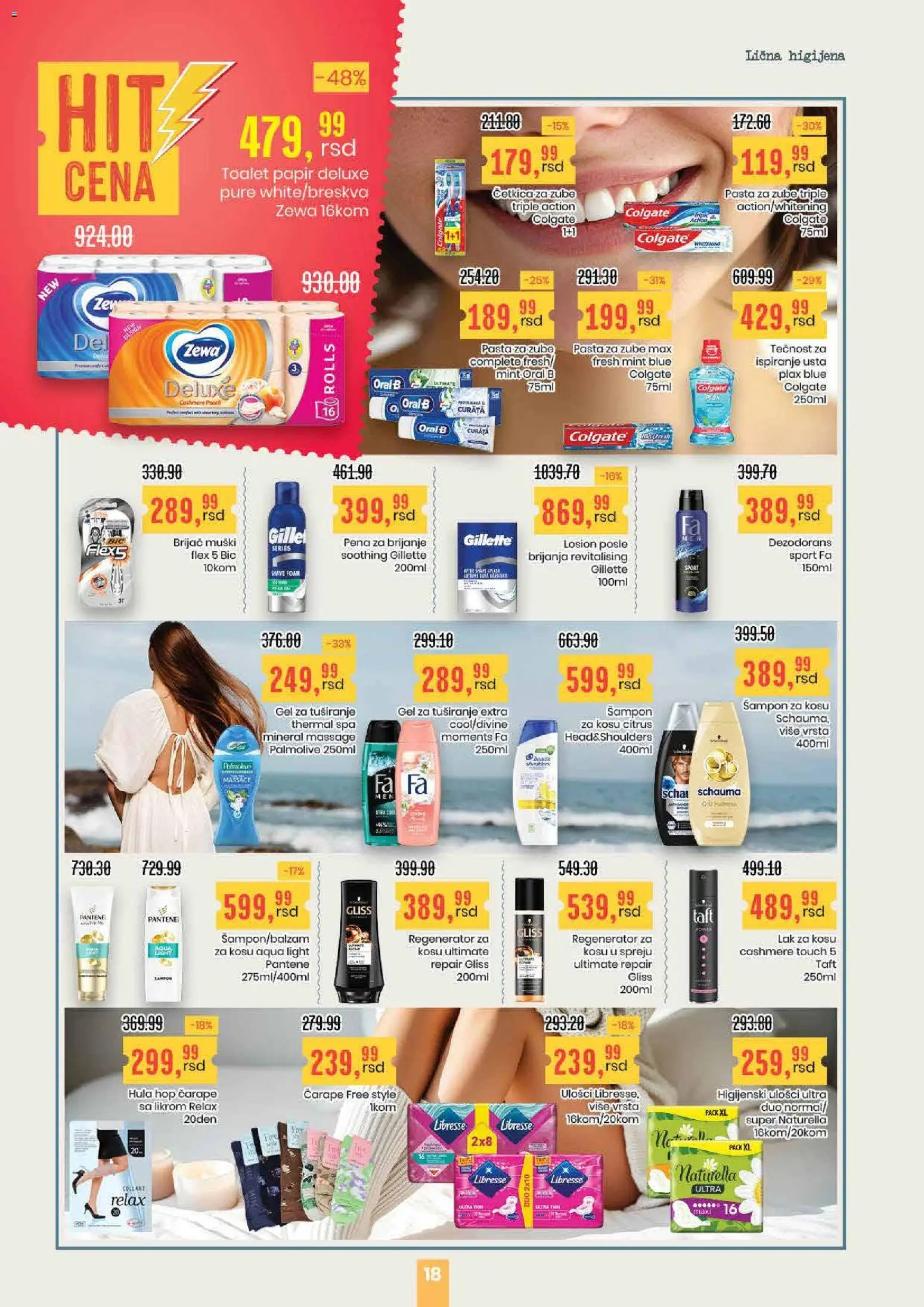 Aroma Market katalog - važi od 16.04.2026 | Strana: 18 | Proizvode: Toalet papir, Lak za kosu, Pasta za zube, Četkica za zube