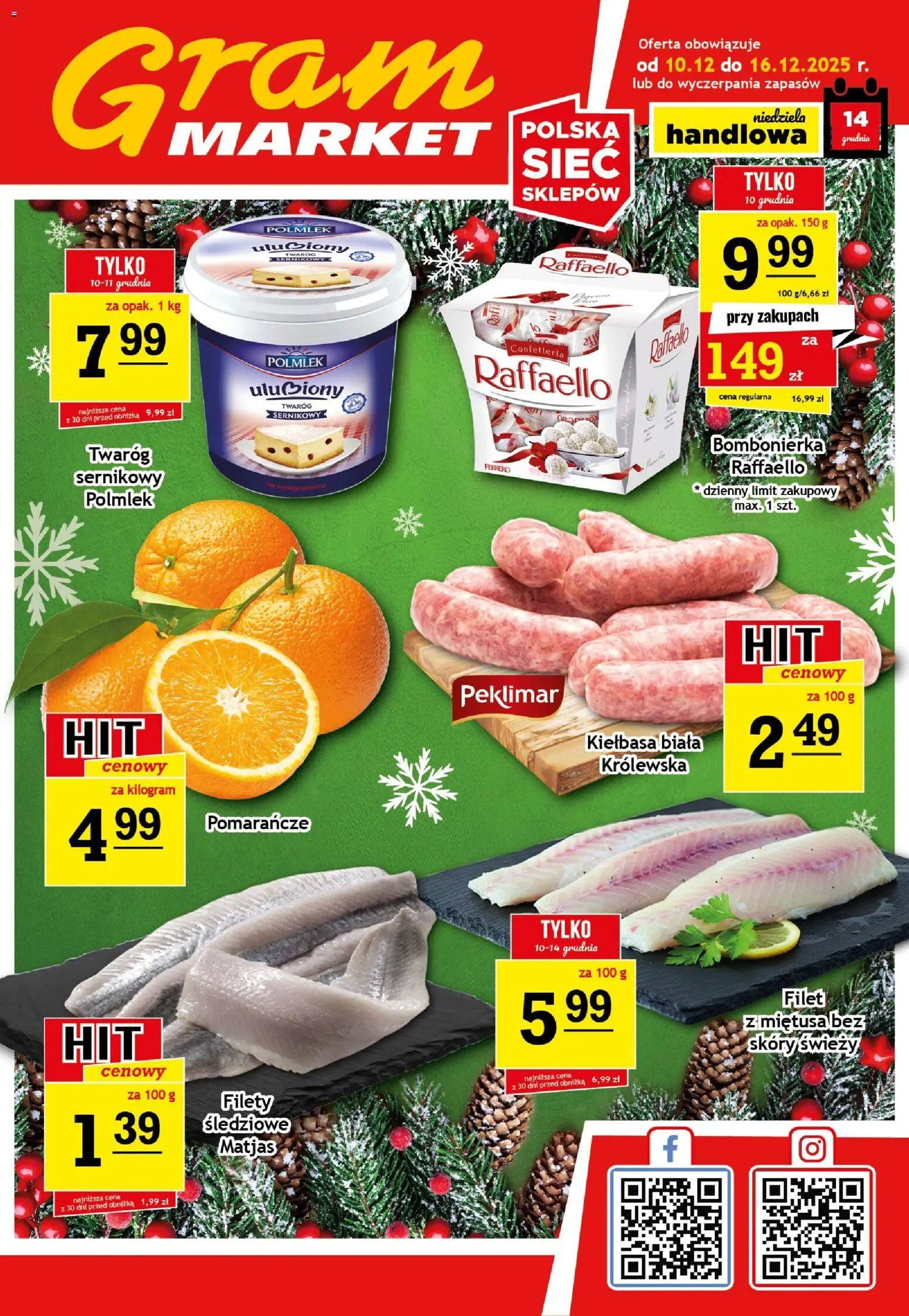 Gram Market Gazetka od 10.12.2025 | Strona: 1 | Produkty: Kiełbasa, Bombonierka, Pomarańcze, Twaróg