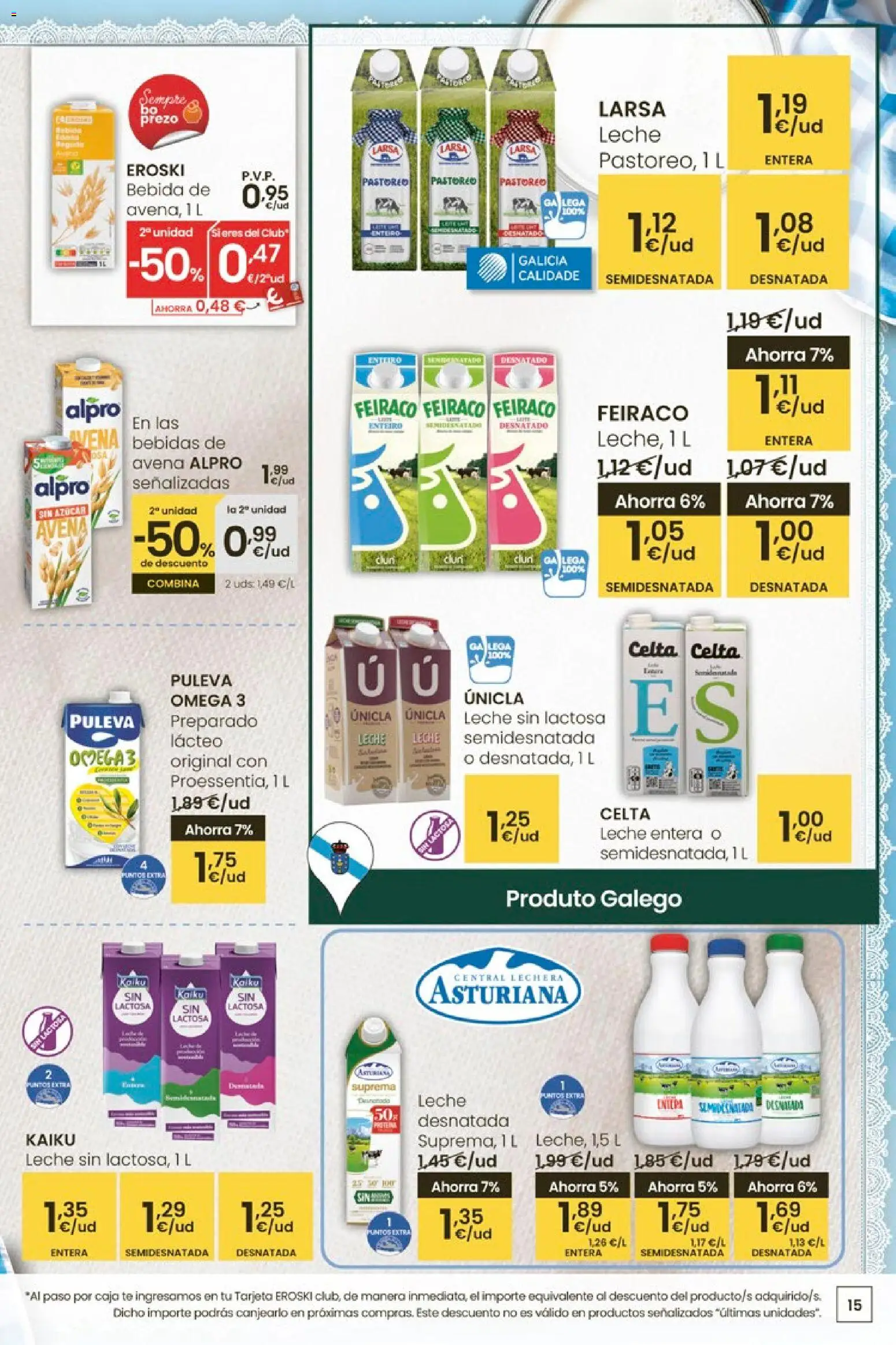 Eroski - Oferta │ válido desde el 12.03.2026 | Página: 15 | Productos: Leche entera, Leche, Té, Caja