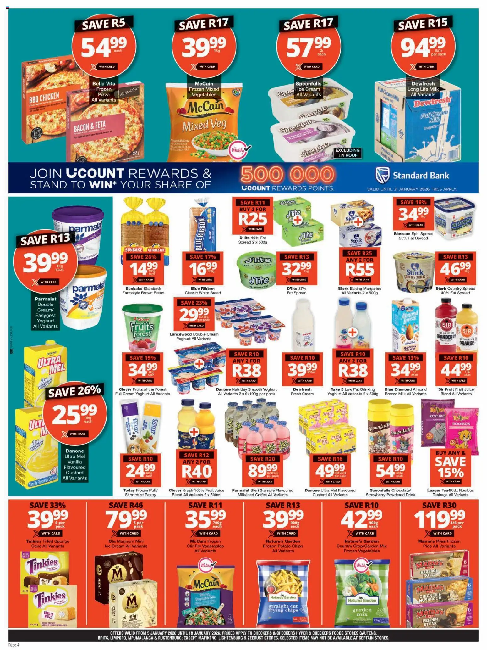 New Checkers catalogue – valid from 05.01.2026 | Page: 4 | Products: Yoghurt, Frozen vegetables, Coffee, Chicken