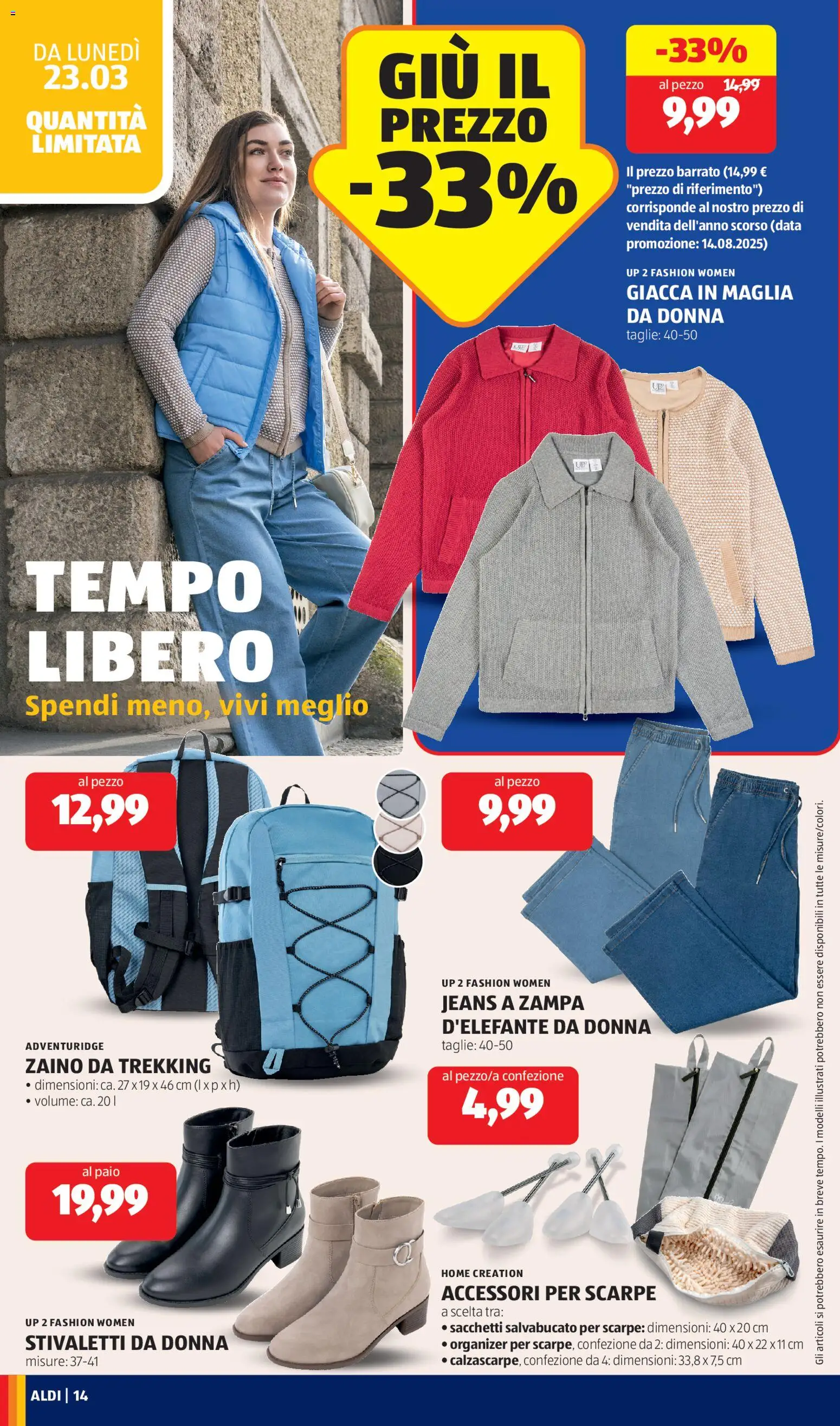 Volantino Aldi del 23.03.2026 | Pagina: 14 | Prodotti: Zaino, Cardigan, Scarpe, Jeans