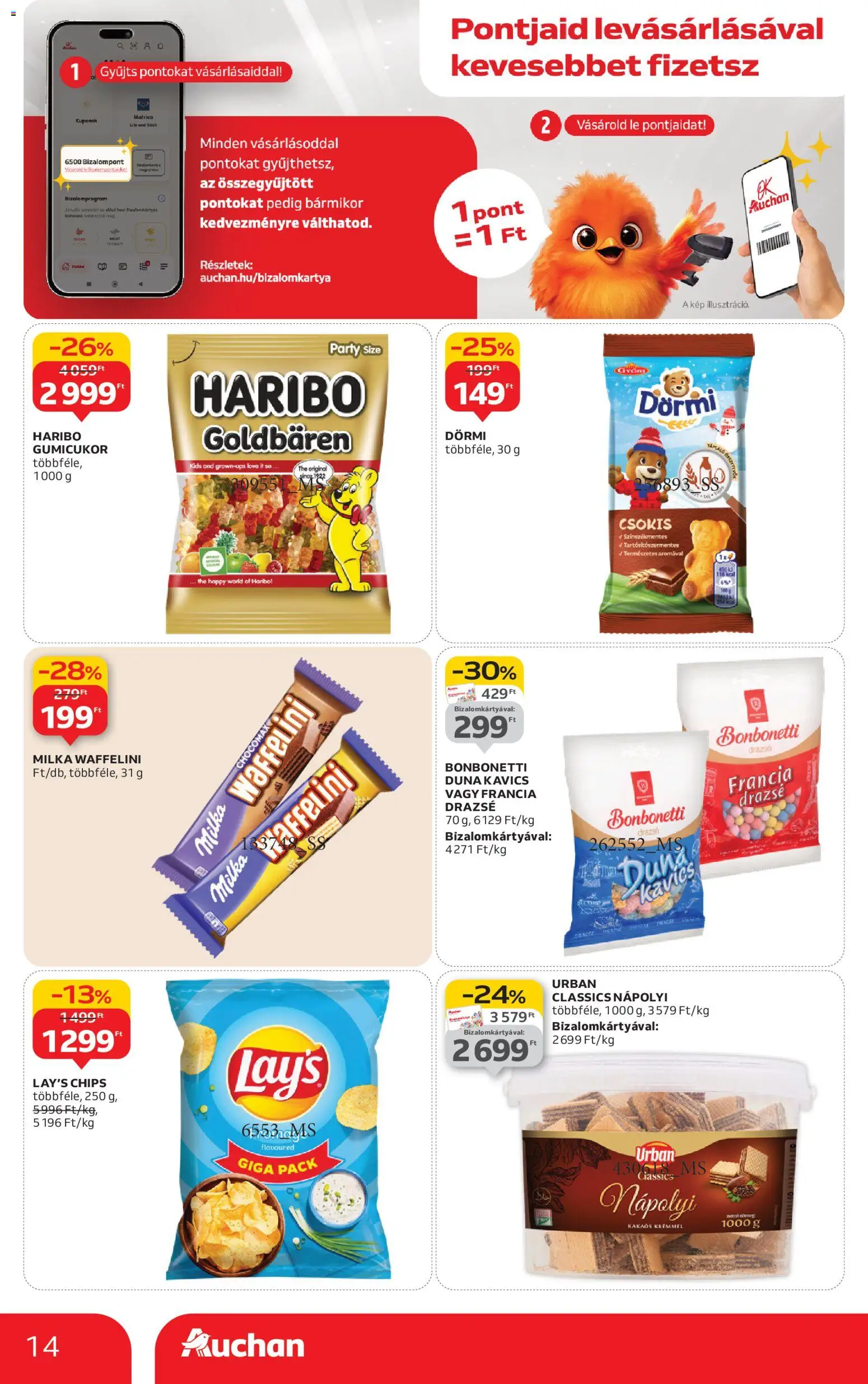 Auchan akciós ujság - amely érvényes a következő dátumtól: 08.01.2026 | Oldal: 14 | Termékek: Waffelini, Gumicukor, Kavics, Nápolyi