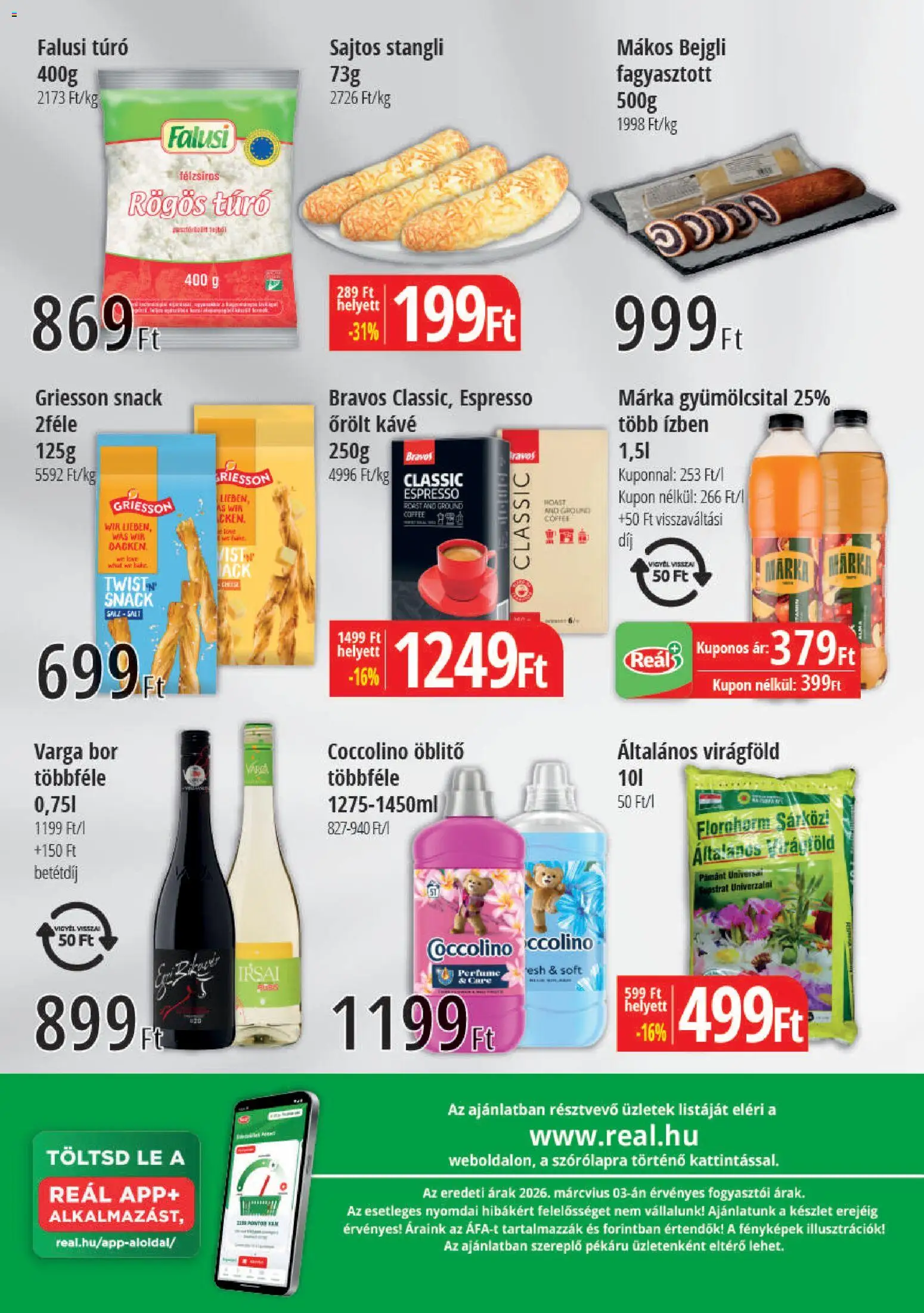 Reál akciós ujság - amely érvényes a következő dátumtól: 11.03.2026 | Oldal: 2 | Termékek: Coccolino, Gyümölcsital, Stangli, Rögös túró