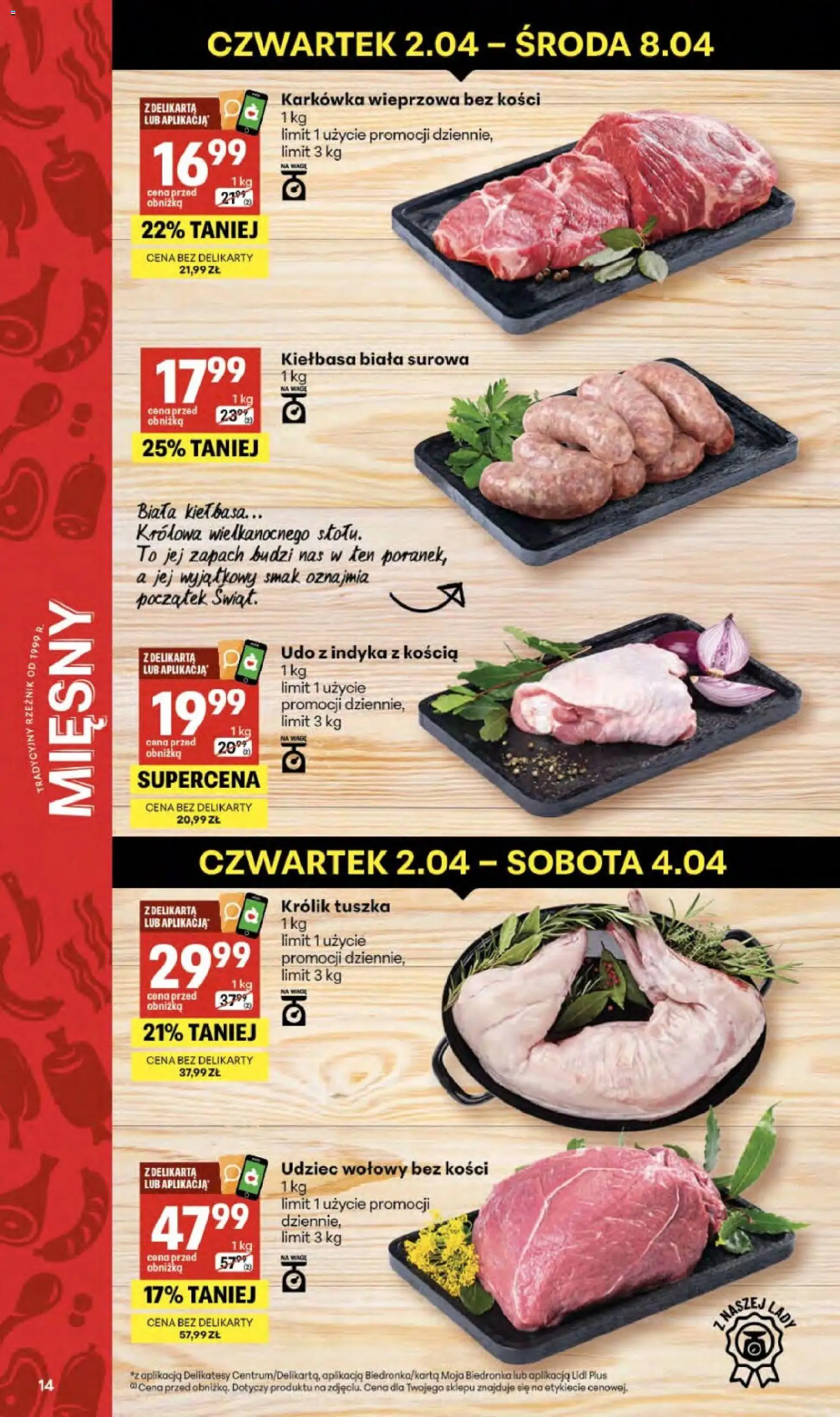 Delikatesy Centrum gazetka od 02.04.2026 | Strona: 14 | Produkty: Kiełbasa, Karkówka, Delikatesy, Zapach