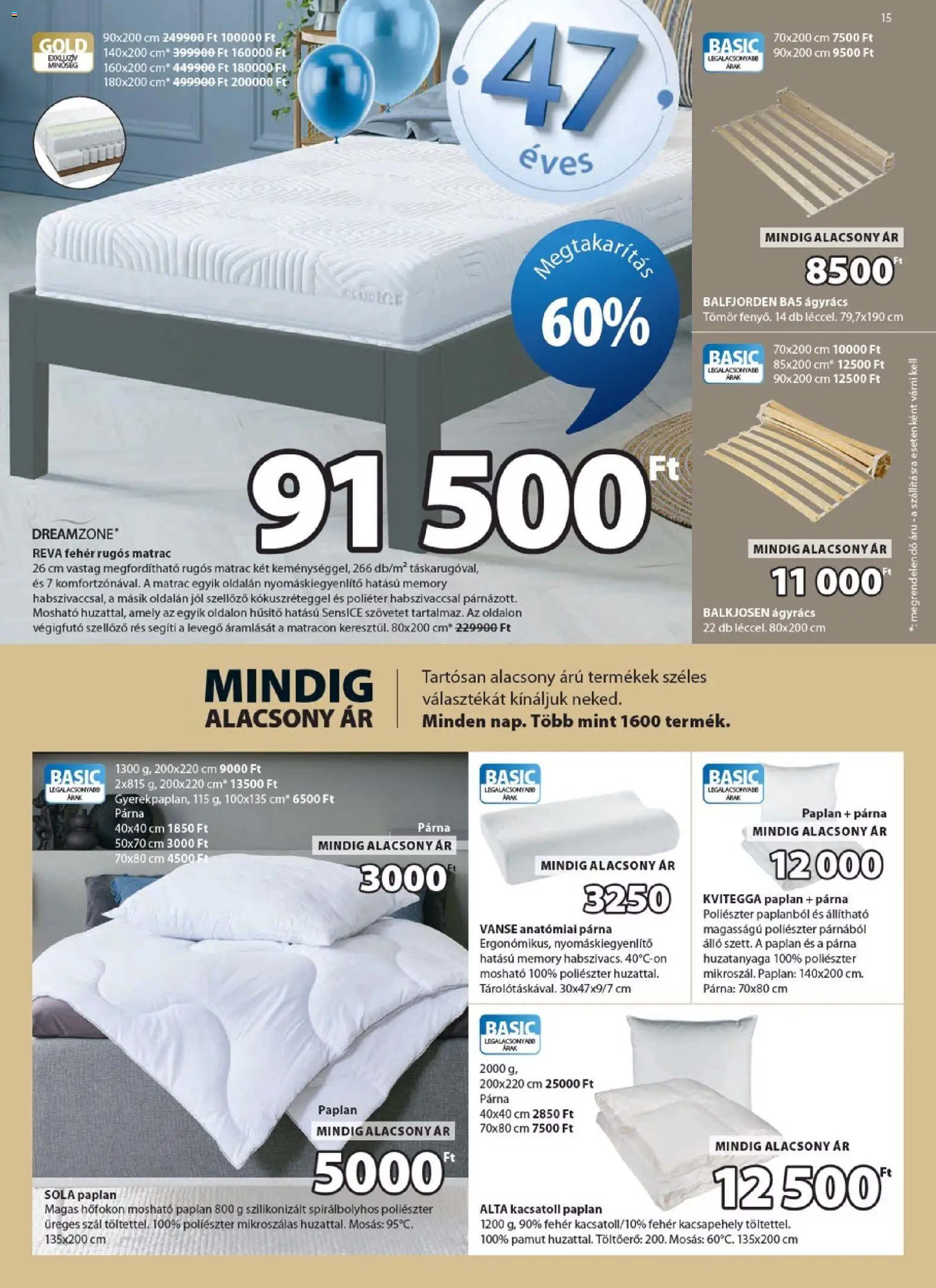 JYSK akciós ujság - amely érvényes a következő dátumtól: 08.04.2026 | Oldal: 15 | Termékek: Paplan, Matrac, Párna, Ágyrács