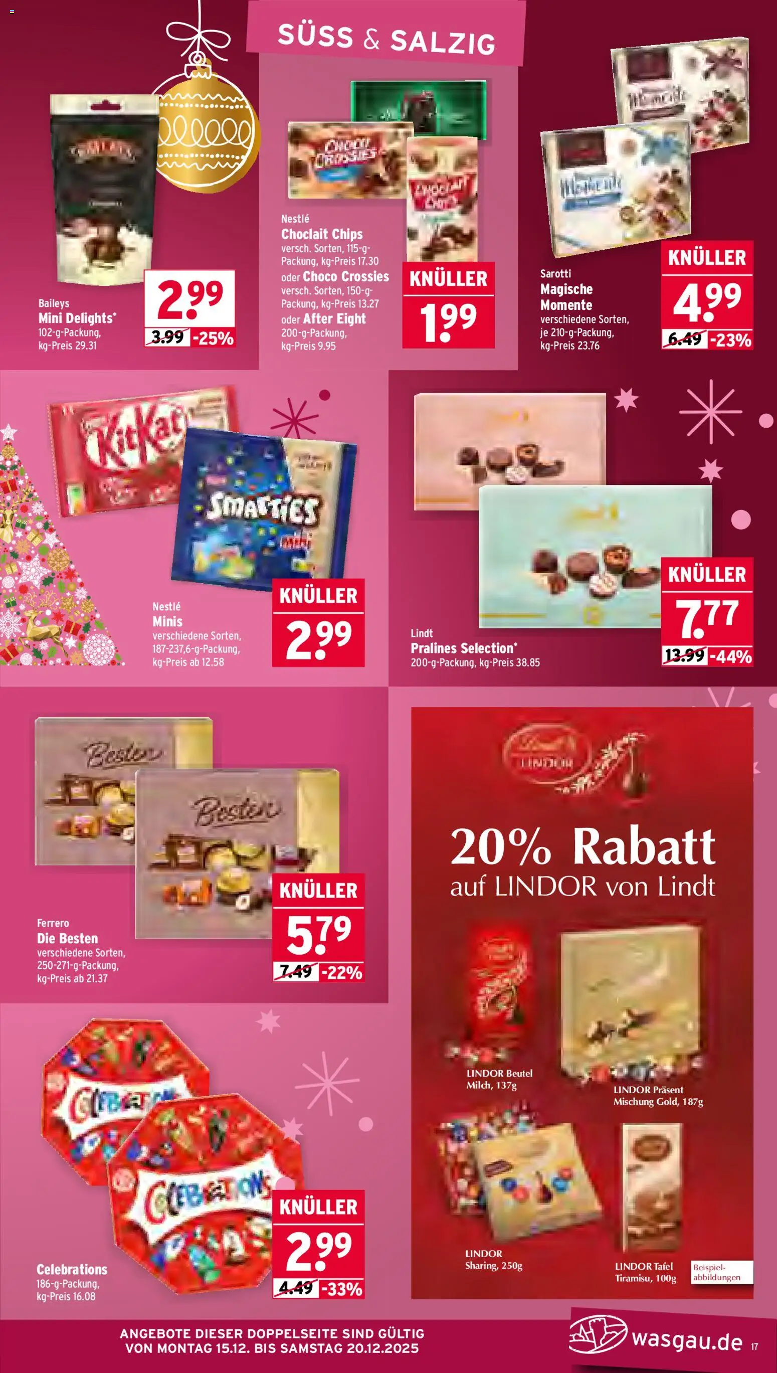 Wasgau Prospekt 	 – gültig ab 15.12.2025 | Seite: 17 | Produkte: Celebrations, Baileys, Lindt, Chips