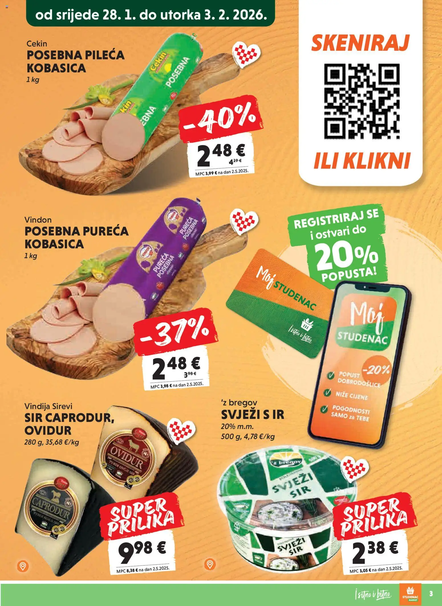 Studenac katalog | vrijedi od 28.01.2026 | Stranica: 3 | Proizvodi: Vindija, Sir, Kobasica