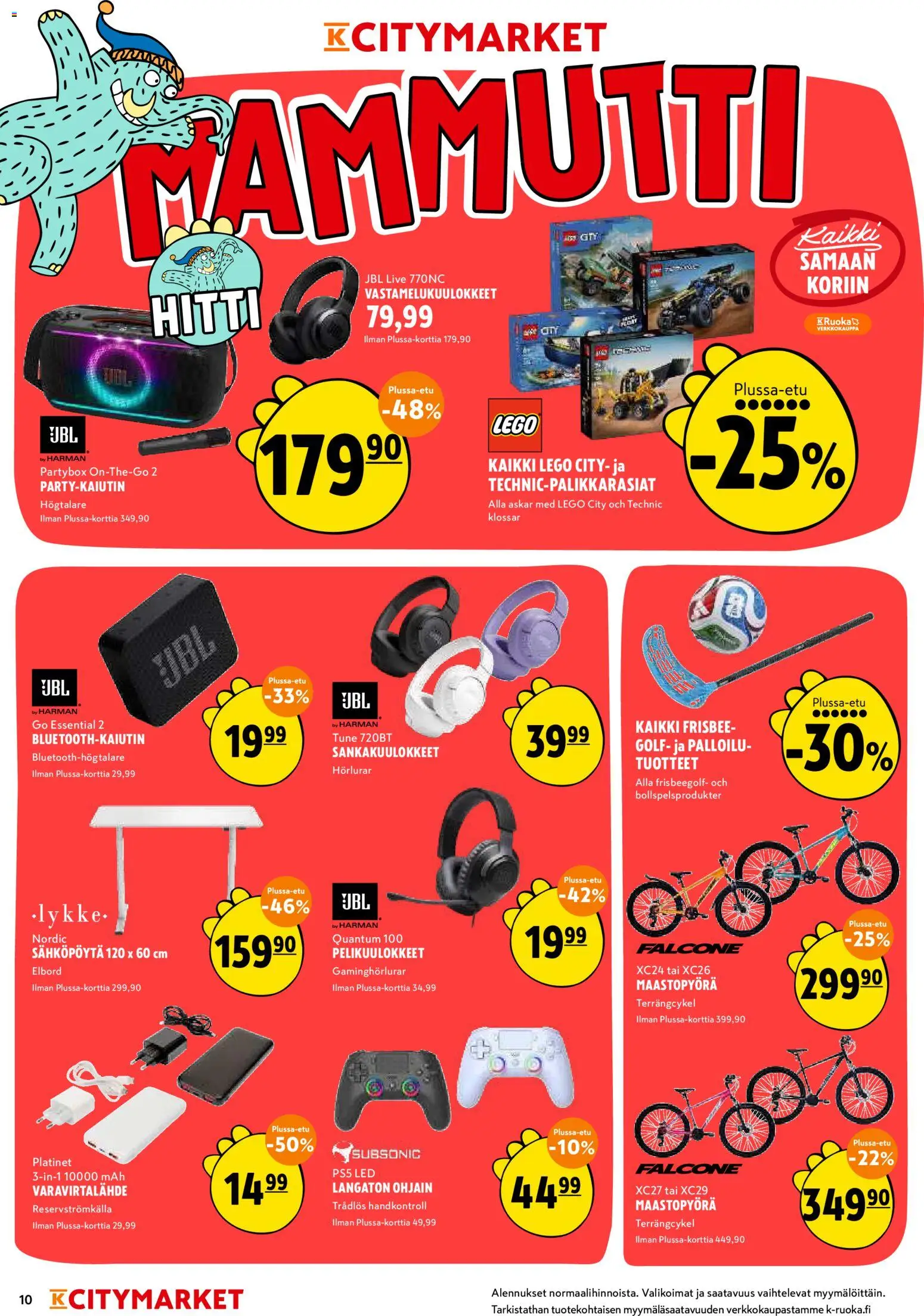 K-Citymarket tarjoukset – voimassa 16.03.2026 alkaen | Sivu: 10 | Tuotteet: Maastopyörä, Varavirtalähde, Vastamelukuulokkeet, Frisbee