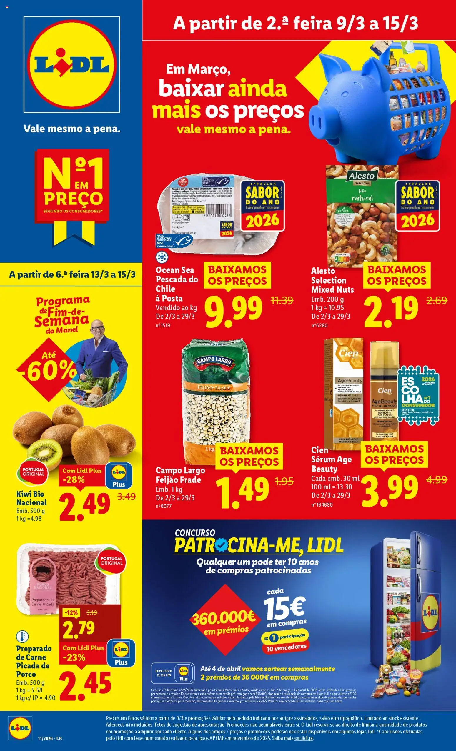 Lidl folheto │ válido de 09.03.2026 | Página: 1 | Produtos: Pescada, Base, Sérum, Carne