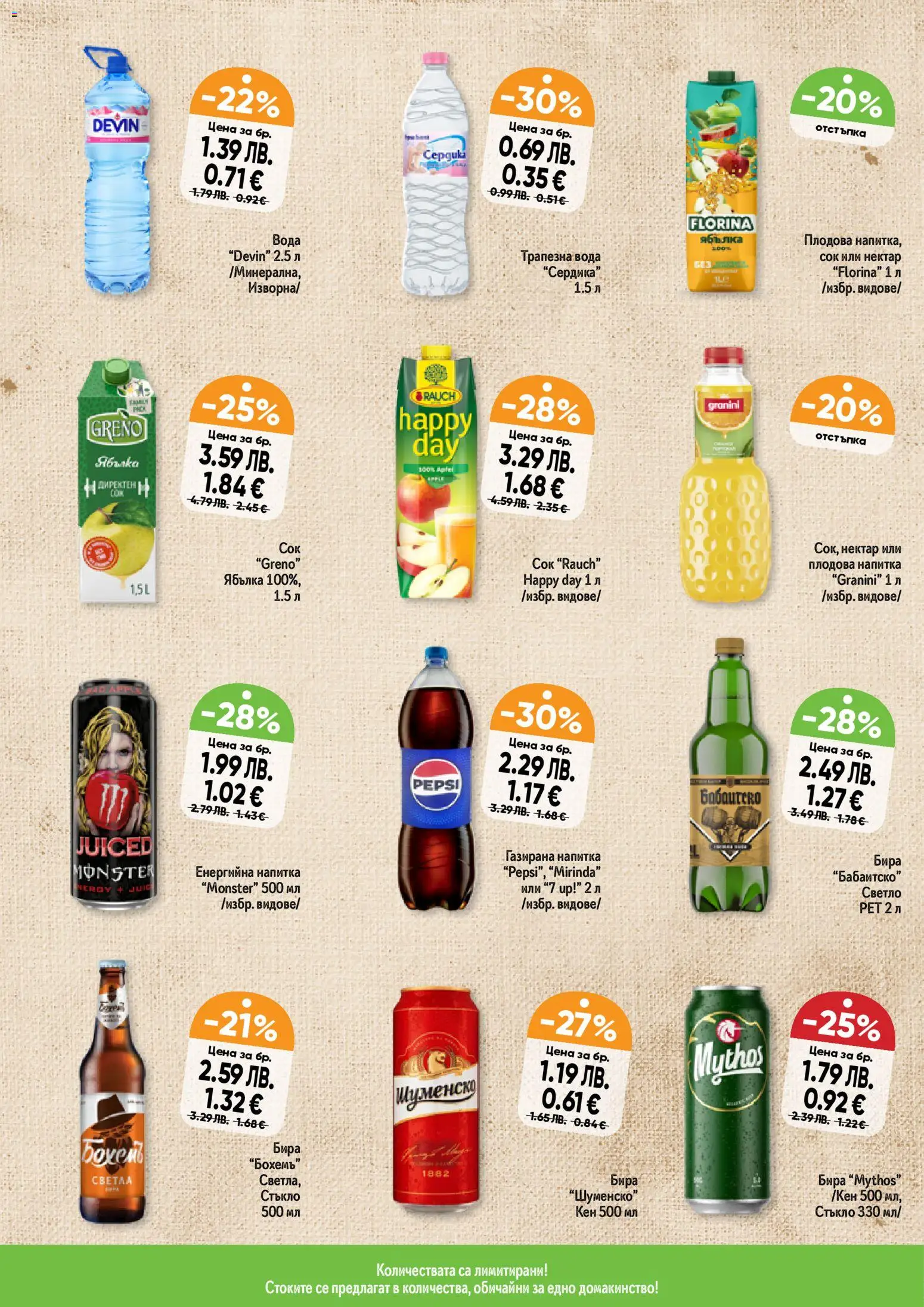 {H1} | Страница: 6 | Продукти: Сок, Вода, Бира, Енергийна напитка