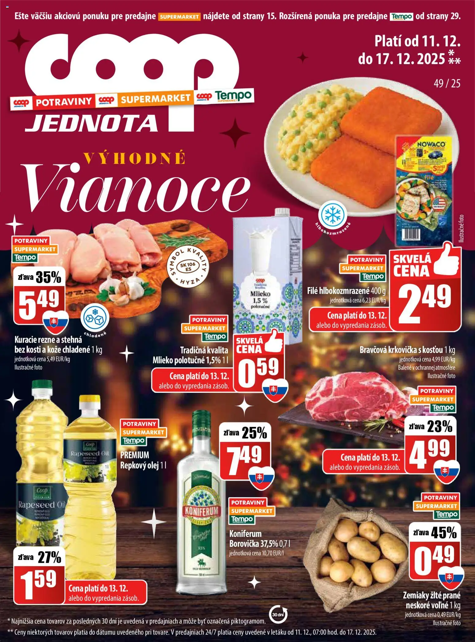 Nové COOP Jednota akcie – leták je platný od 11.12.2025 | Strana: 1 | Produkty: Mlieko, Olej, Koniferum, Kuracie rezne