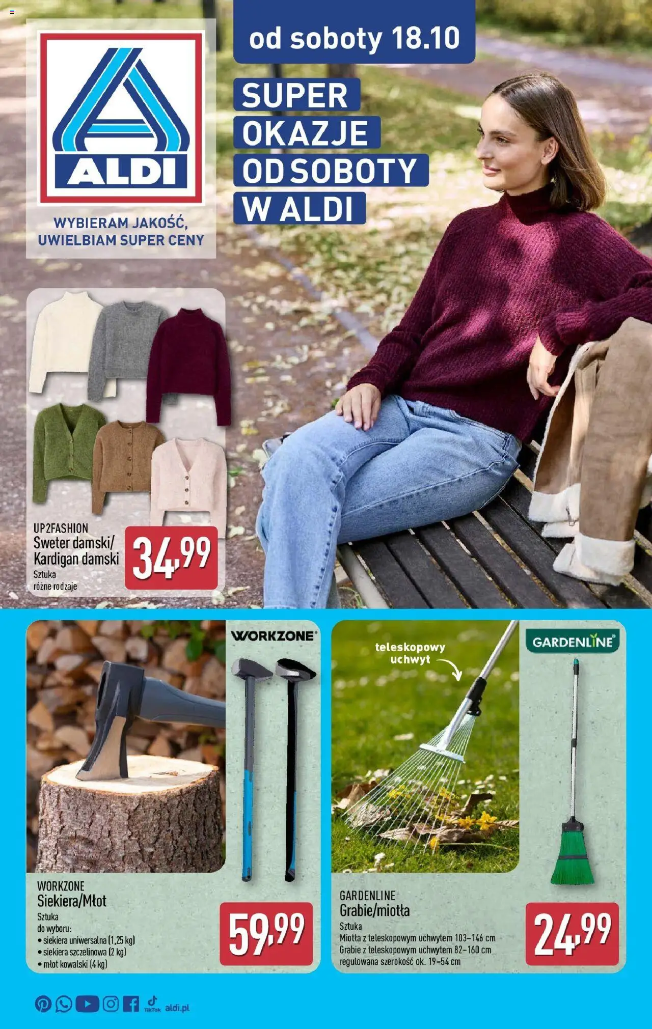 Aldi Gazetka - Od soboty od 18.10.2025 | Strona: 1 | Produkty: Sweter, Kardigan, Siekiera