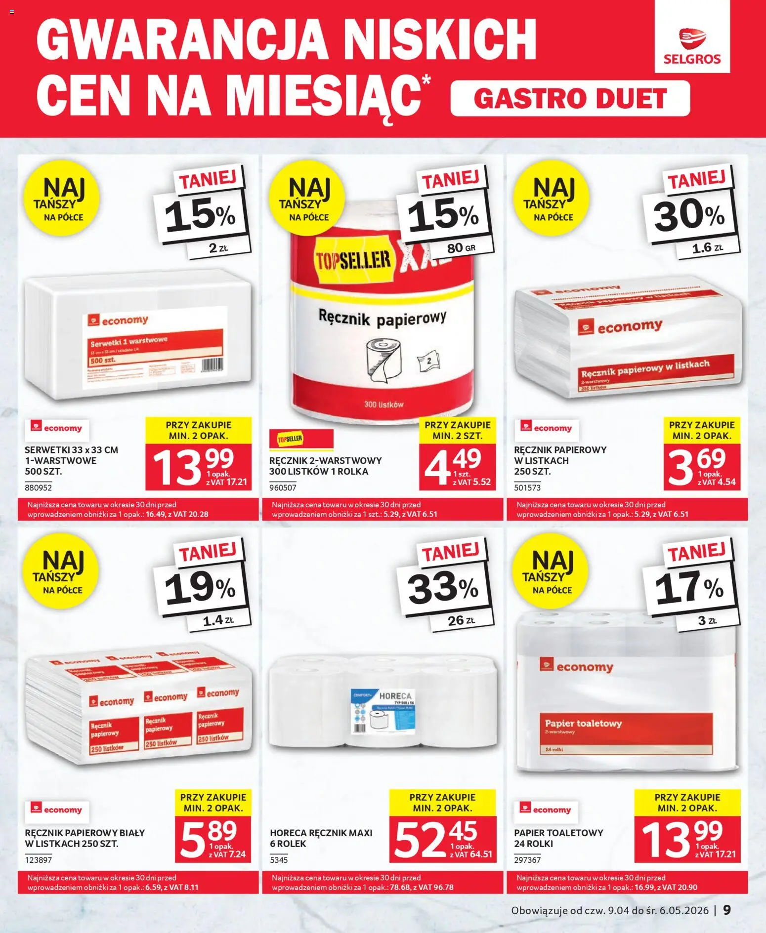 Selgros cash&carry - Gastro Duet od 09.04.2026 | Strona: 9 | Produkty: Papier toaletowy, Rolki, Ręcznik papierowy