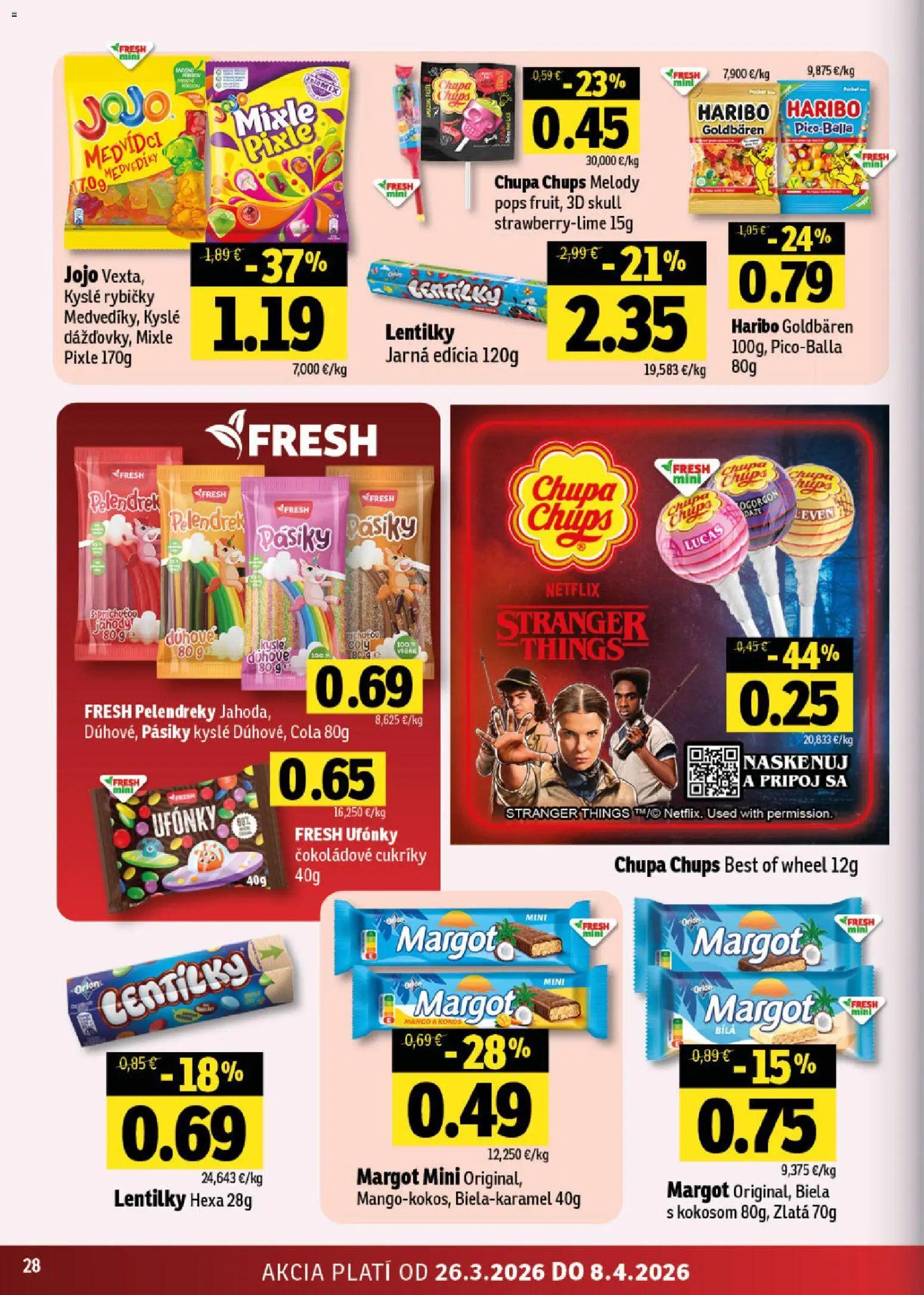 Nové Fresh akcie – leták je platný od 26.03.2026 | Strana: 28 | Produkty: Cukríky, Jahody, Mango, Cola