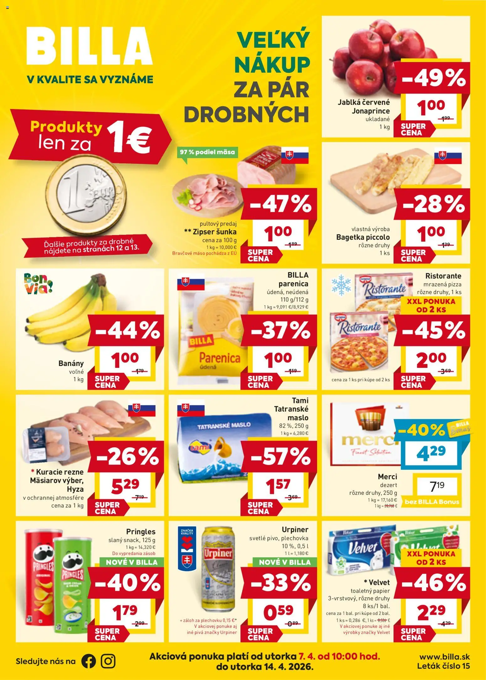 Nové Billa akcie – leták je platný od 07.04.2026 | Strana: 1 | Produkty: Pizza, Merci, Kuracie rezne, Tatranské maslo