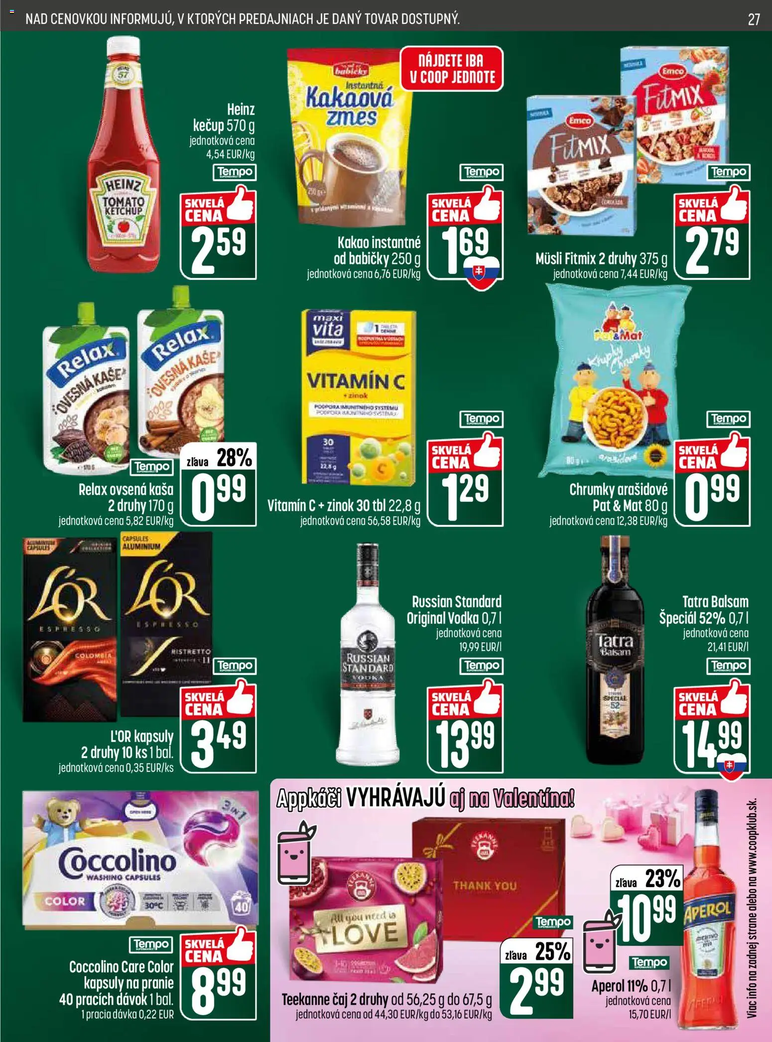 Nové COOP Jednota akcie – leták je platný od 12.02.2026 | Strana: 27 | Produkty: Kečup, Teekanne, Aperol, Kakao