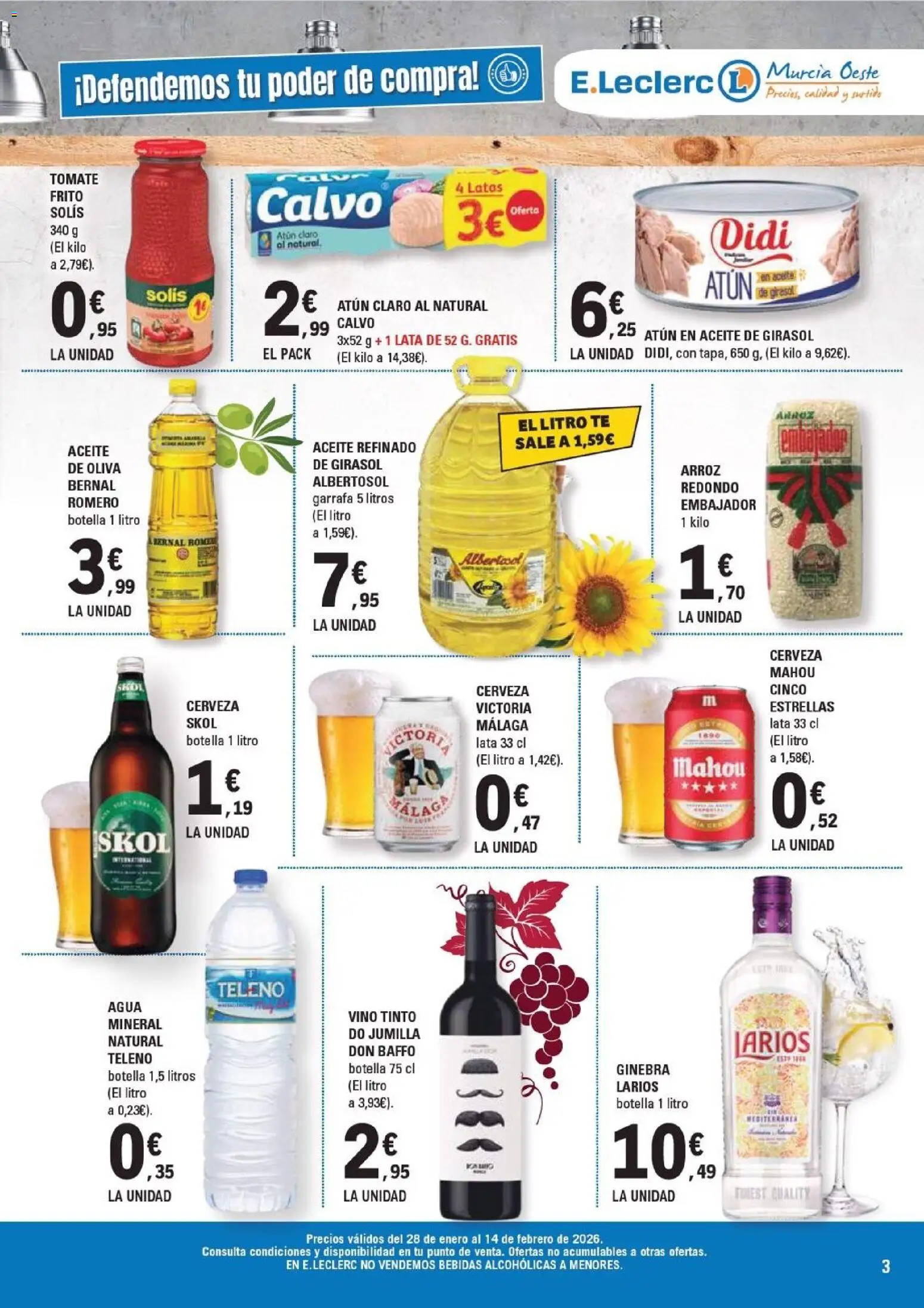E.Leclerc folleto │ válido desde el 28.01.2026 | Página: 3 | Productos: Aceite, Arroz, Ginebra, Agua mineral