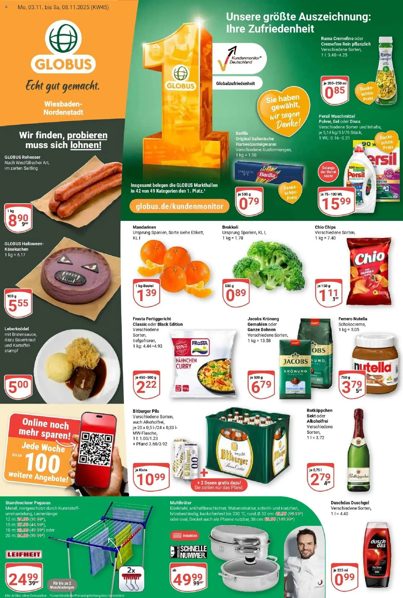Globus prospekt Wiesbaden-Nordenstadt	 – gültig ab 02.11.2025 | Seite: 1 | Produkte: Bitburger, Mandarinen, Nutella, Waschmittel