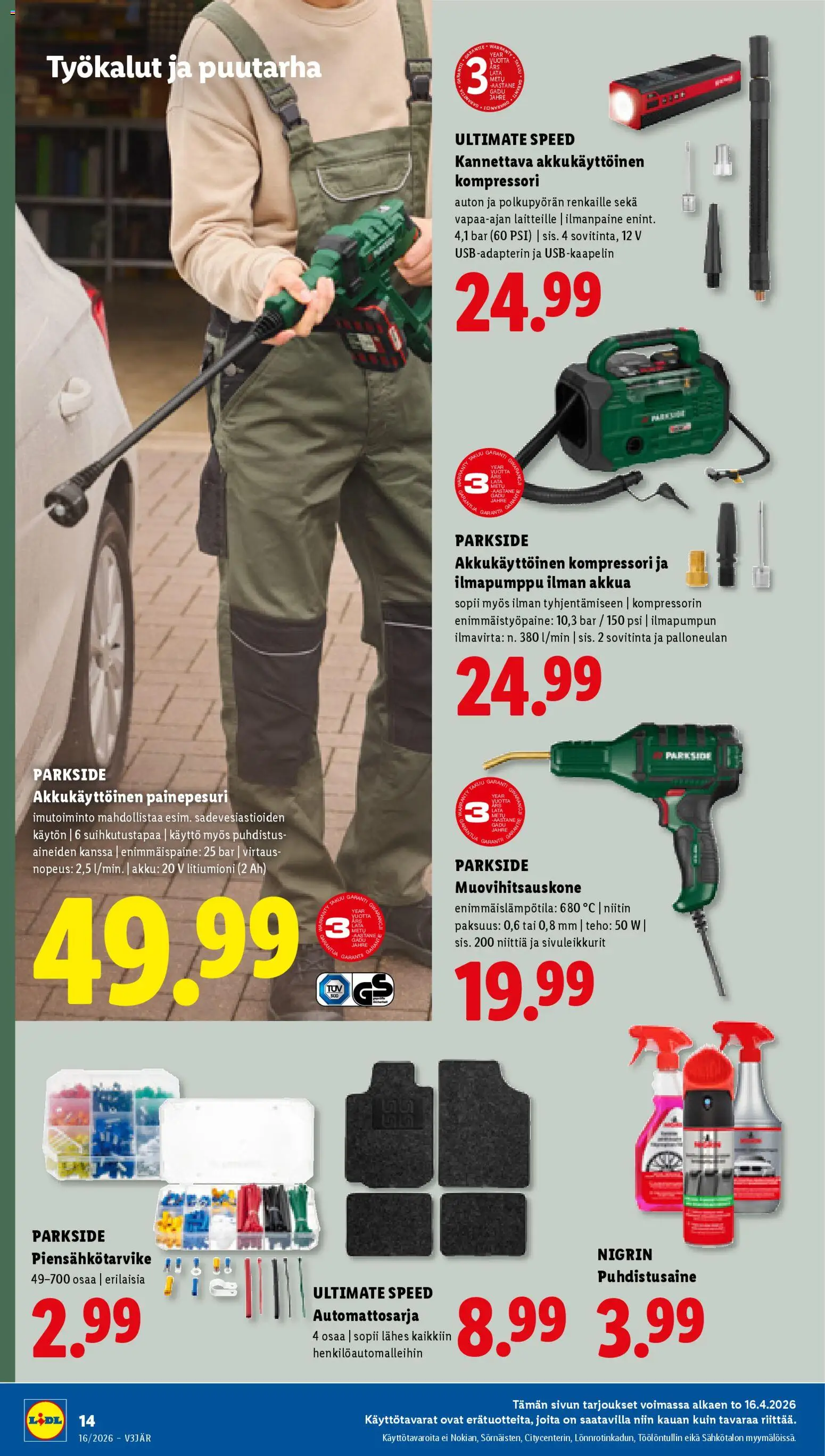 Lidl tarjoukset - Helsinki – voimassa 16.04.2026 alkaen | Sivu: 18 | Tuotteet: Painepesuri, Akku, Kompressori, Puhdistusaine