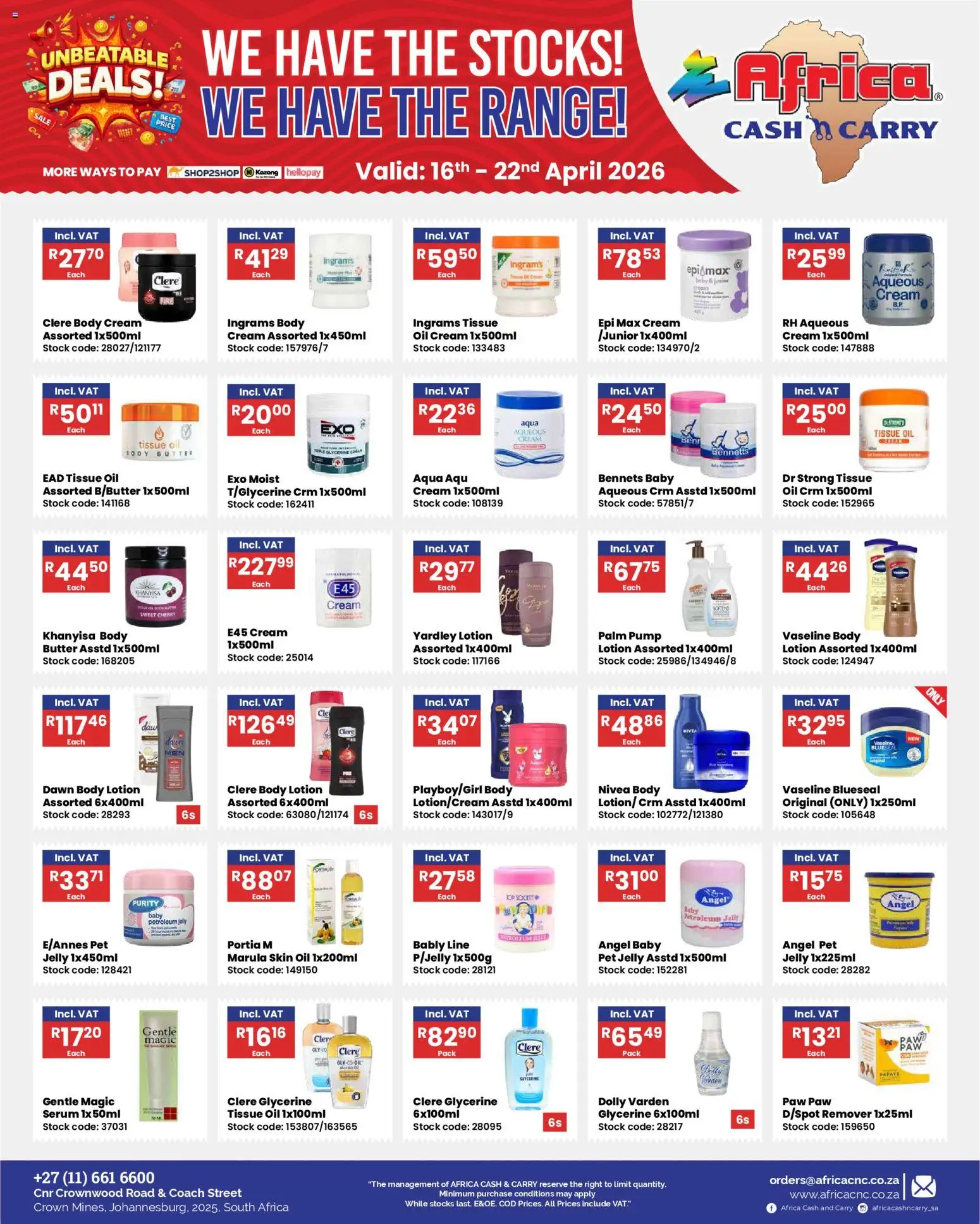 New Africa Cash & Carry catalogue – valid from 16.04.2026 | Page: 5 | Products: Tissue oil, Body cream, Petroleum jelly, Lotion