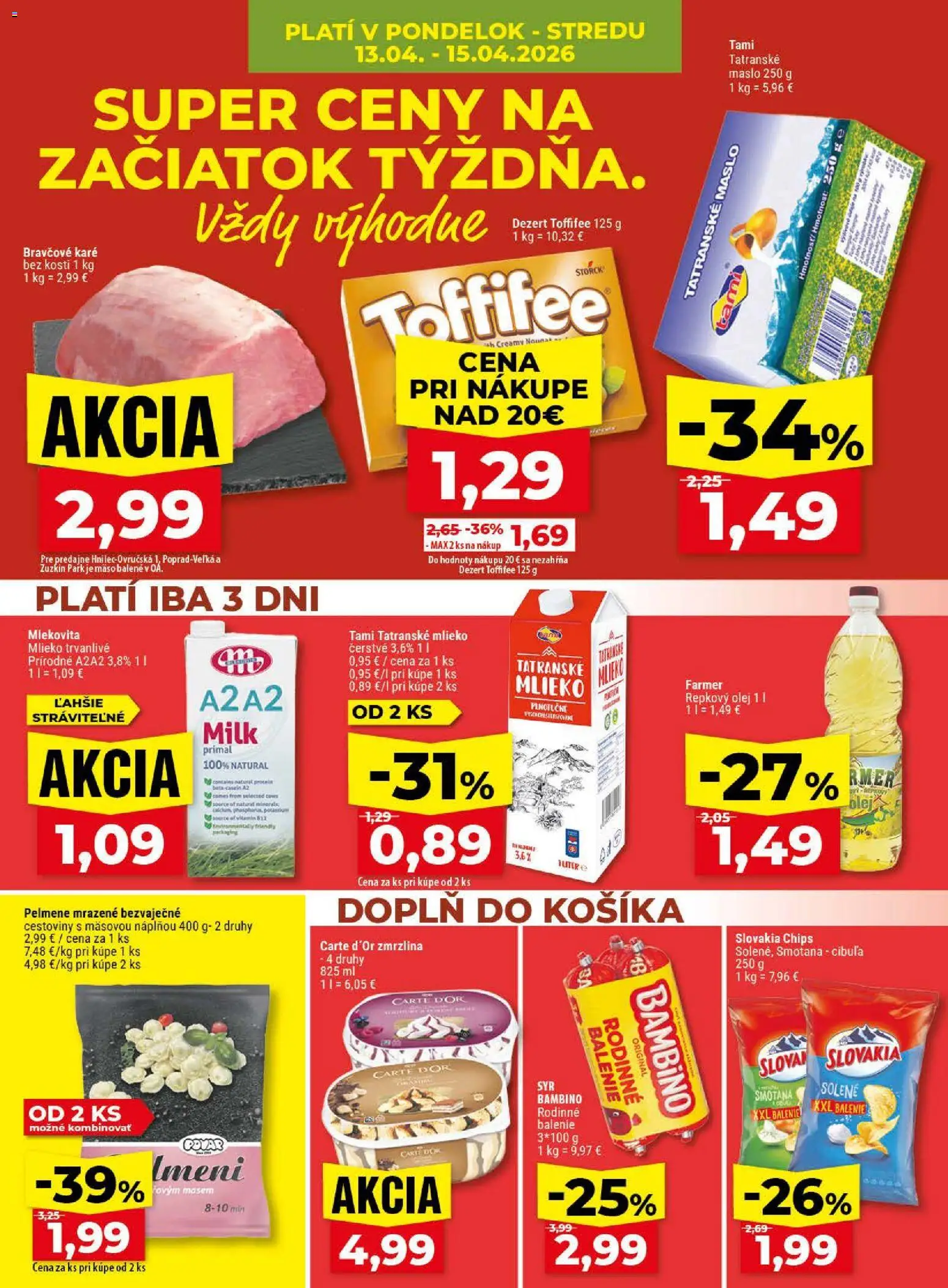 Nové Klas akcie – leták je platný od 13.04.2026 | Strana: 4 | Produkty: Mlieko, Cibuľa, Tatranské maslo, Bravčové karé