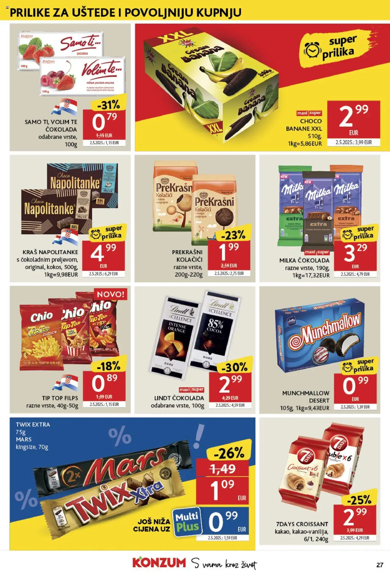 Konzum katalog | vrijedi od 25.06.2025 | Stranica: 27 | Proizvodi: Lindt, Banane, Napolitanke, Milka