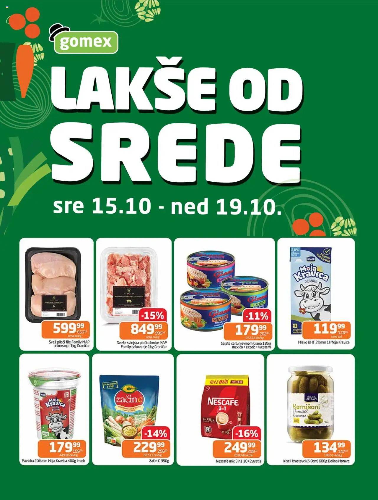 Gomex katalog - važi od 15.10.2025 | Strana: 1 | Proizvode: Krastavci, Pileći file, Kornišoni, Pakovanje