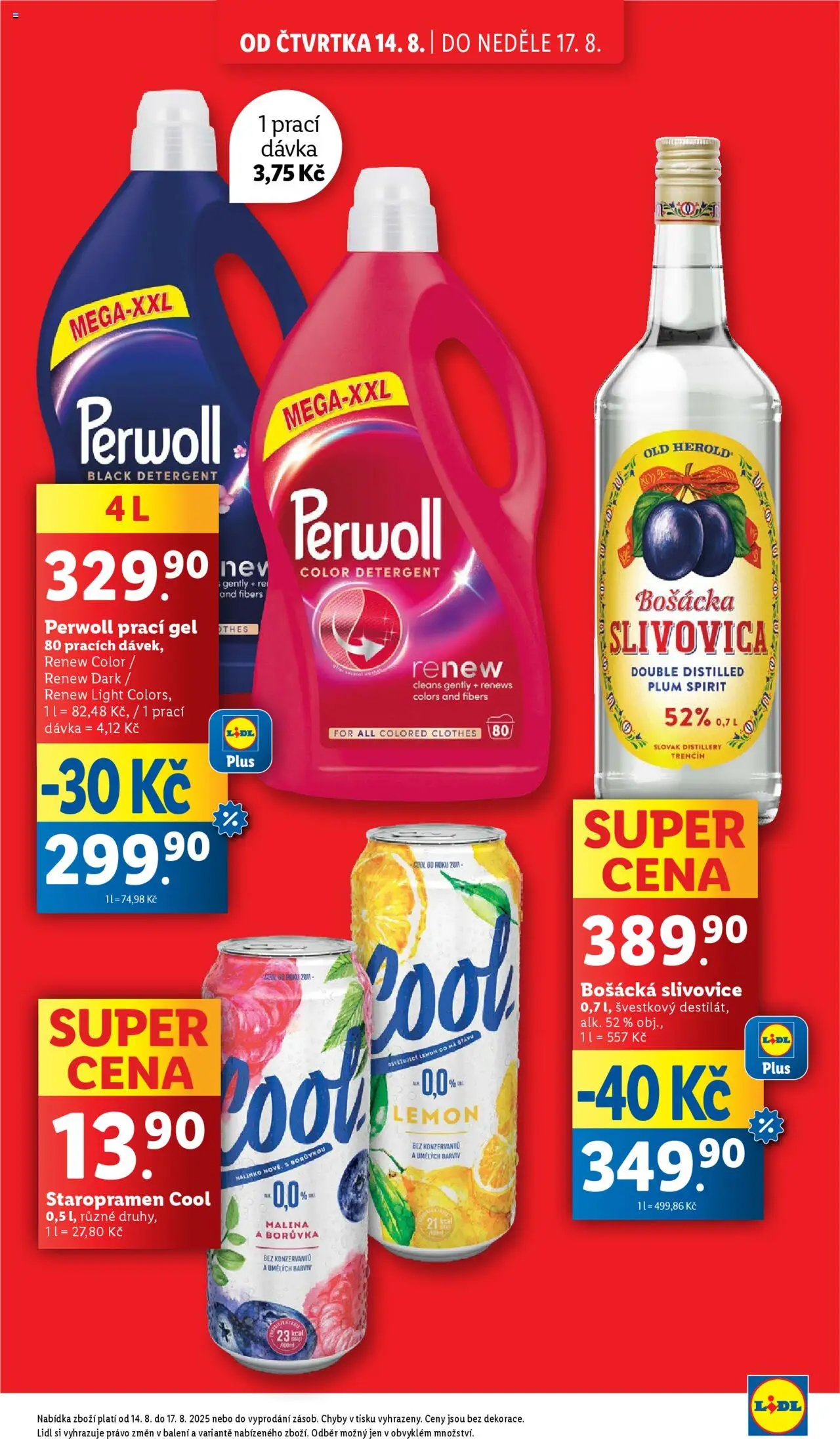Lidl leták od 14.08.2025 | Strana: 3 | Produkty: Prací gel, Staropramen, Brandy, Perwoll