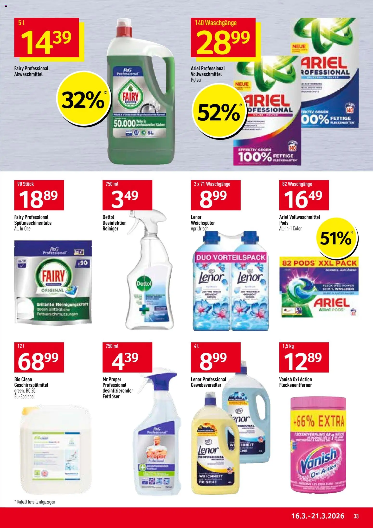 Prodega aktionen – gültig ab 16.03.2026 | Seite: 33 | Produkte: Pulver, Weichspüler, Fleckenentferner, Spülmaschinentabs