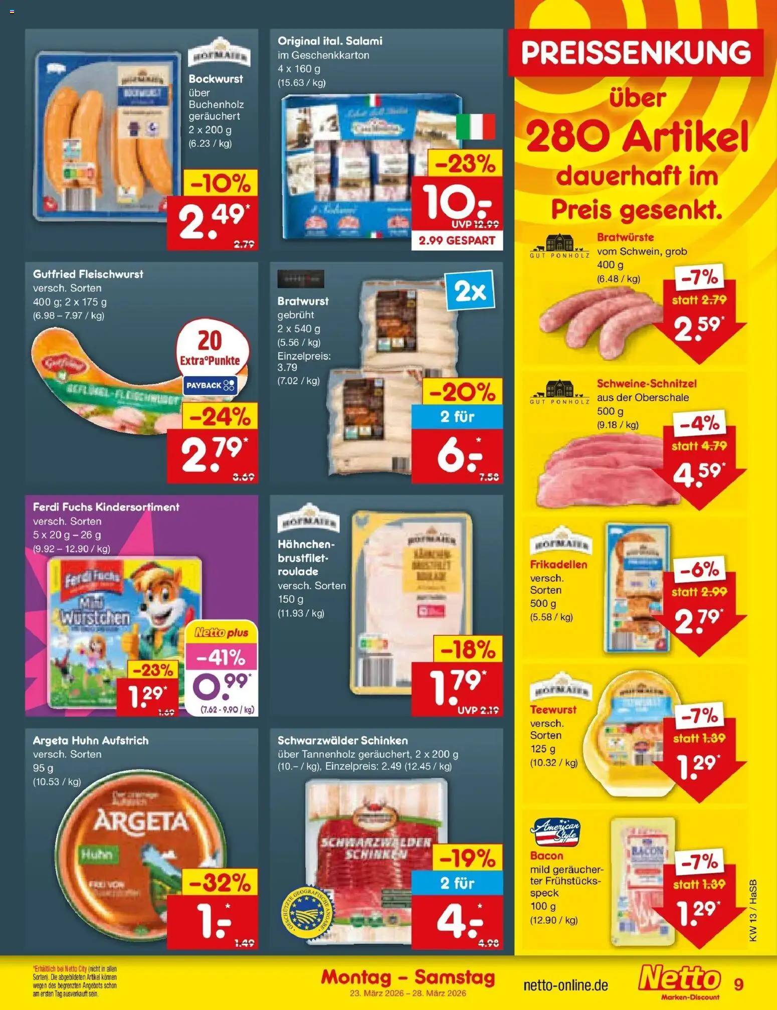 Netto Marken-Discount Prospekt Wuppertal	 – gültig ab 23.03.2026 | Seite: 9 | Produkte: Bockwurst, Hahnchen, Bratwurst, Salami