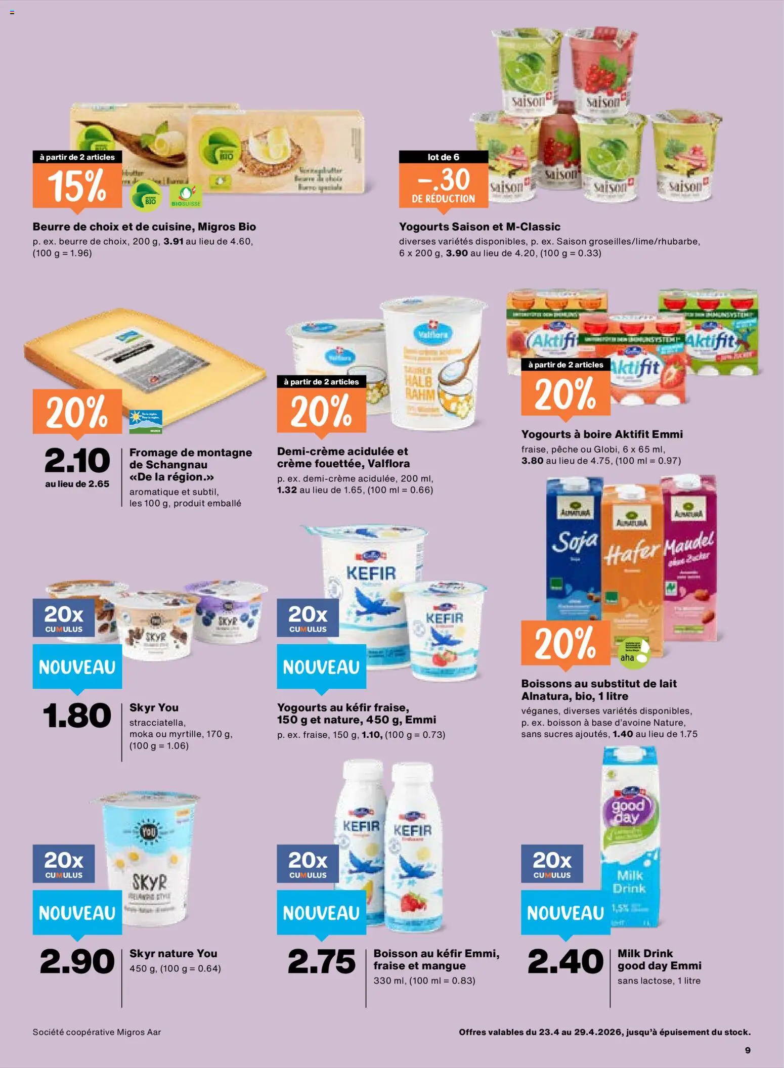 Migros aktionen FR – gültig ab 23.04.2026 | Seite: 9 | Produkte: Kefir, Butter, Creme