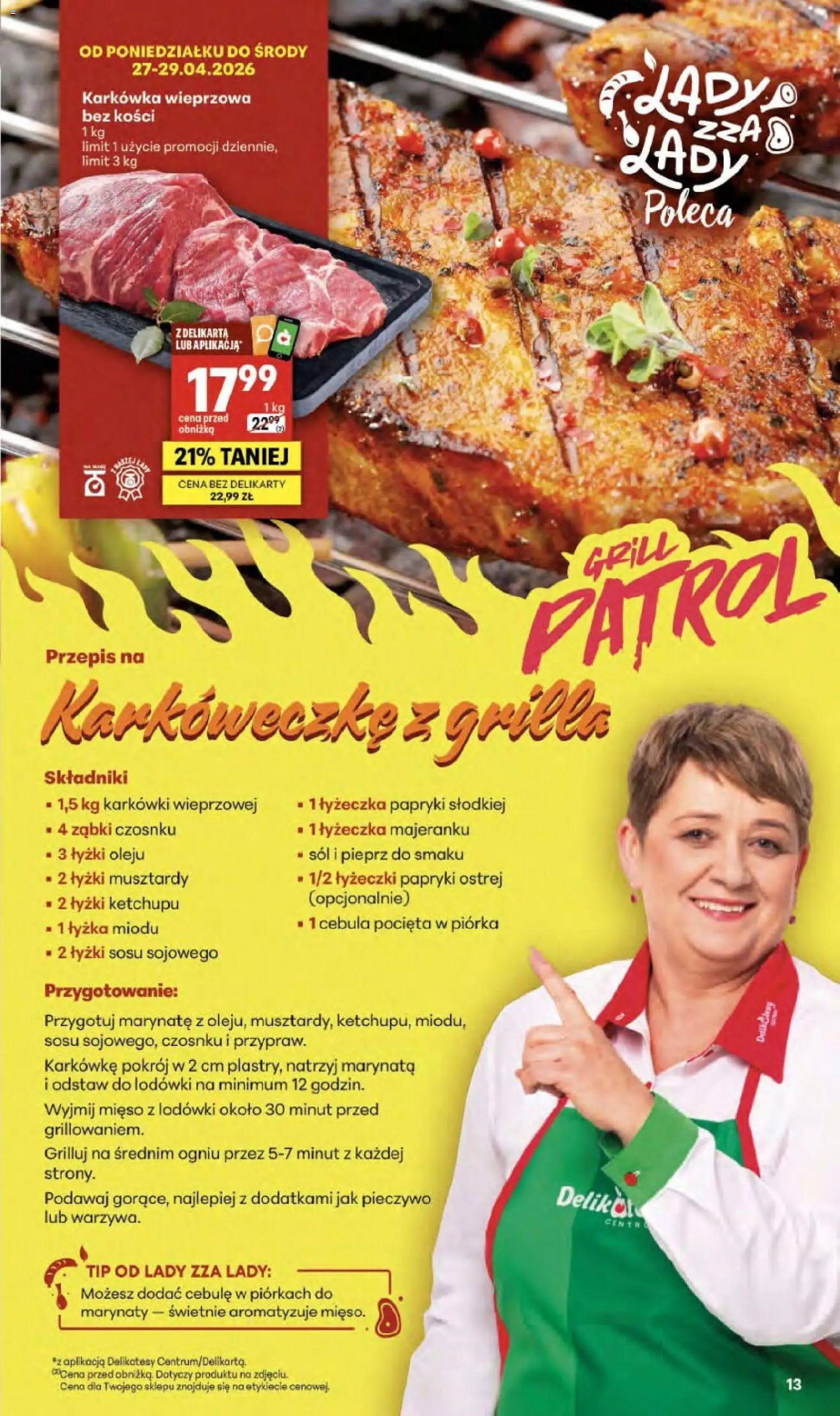 Delikatesy Centrum gazetka od 23.04.2026 | Strona: 13 | Produkty: Karkówka, Karkówka wieprzowa, Mięso, Grill
