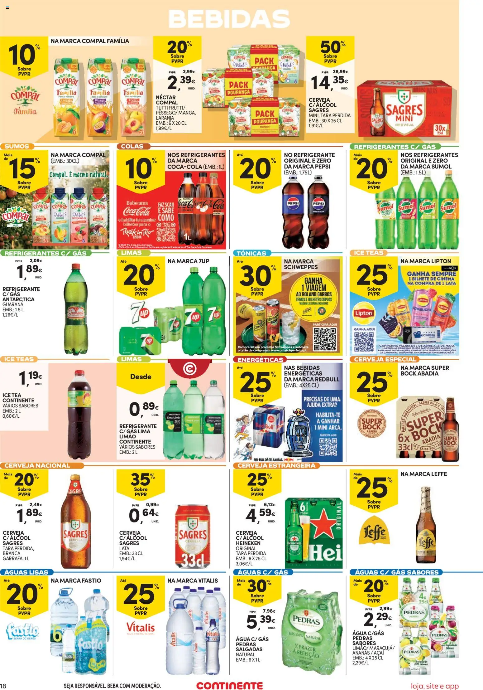 Continente Semanal Continente Bom Dia │ válido de 14.04.2026 | Página: 18 | Produtos: Agua, Refrigerante, Açai, Kombucha