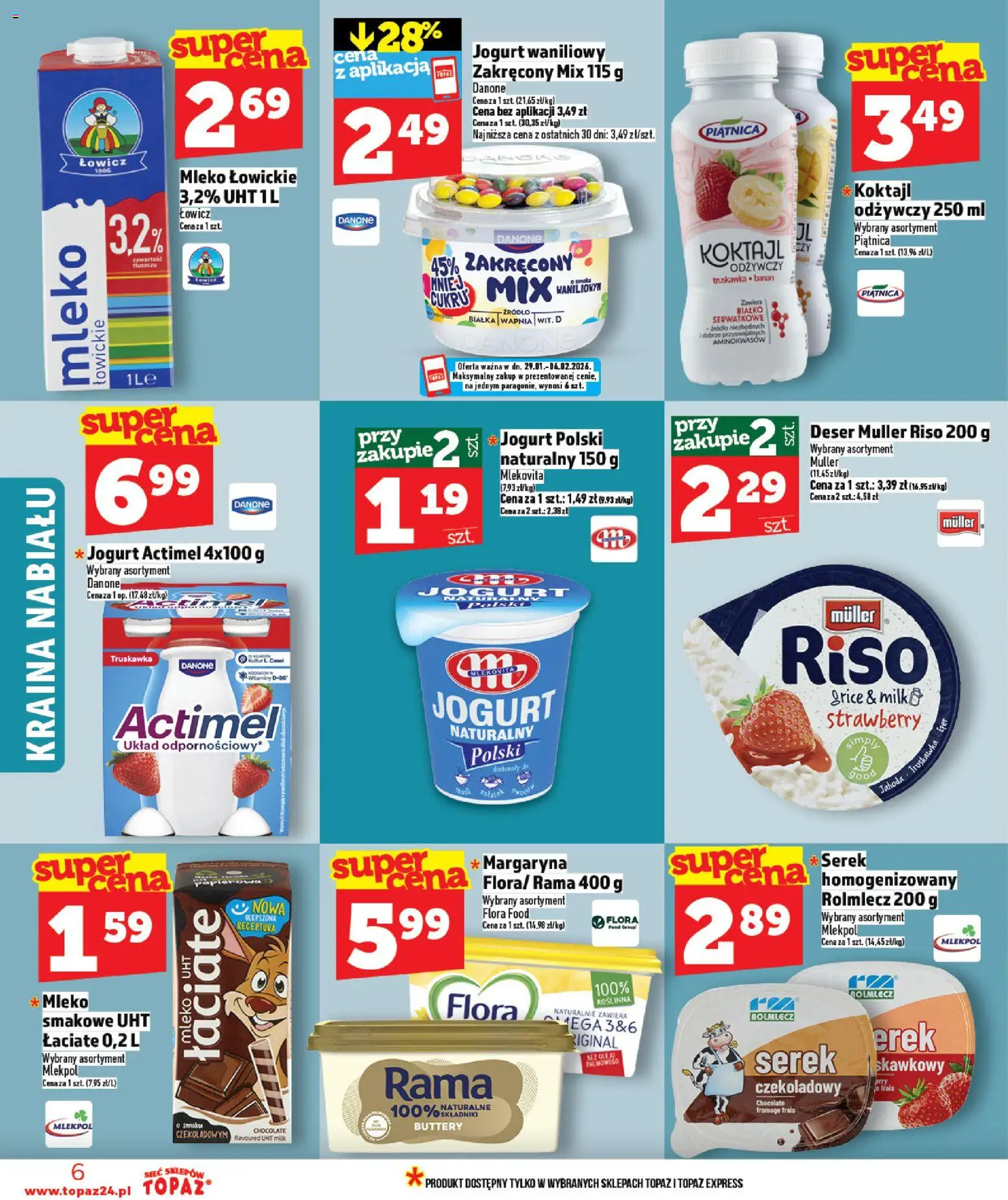 Topaz Gazetka od 29.01.2026 | Strona: 6 | Produkty: Serek, Mleko, Jogurt, Mleko łowickie