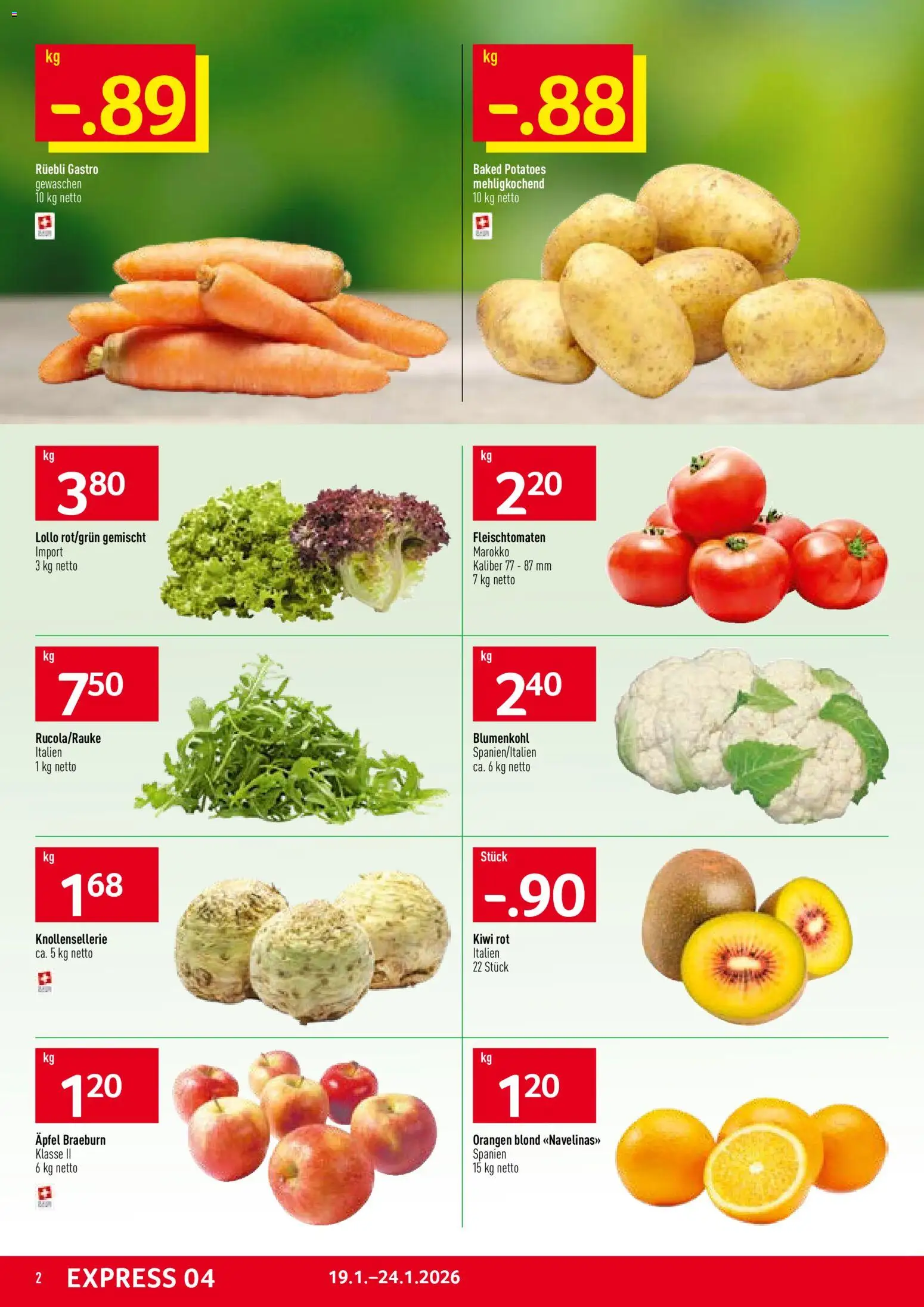 Prodega Aktionen – gültig ab 19.01.2026 | Seite: 2 | Produkte: Äpfel, Orangen, Blumenkohl, Kiwi
