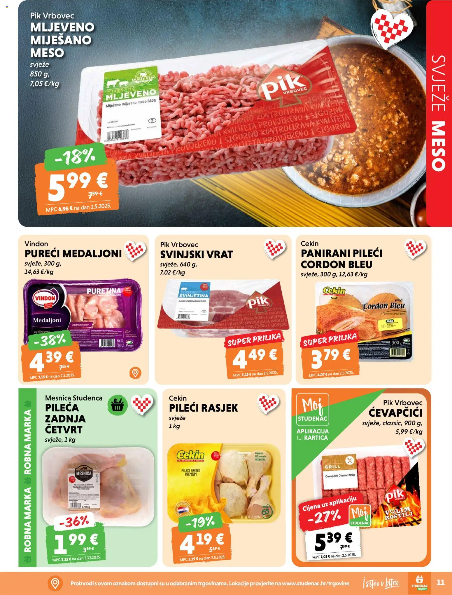 Studenac katalog | vrijedi od 22.04.2026 | Stranica: 11 | Proizvodi: Puretina, Svinjski vrat, Meso, Svinjetina
