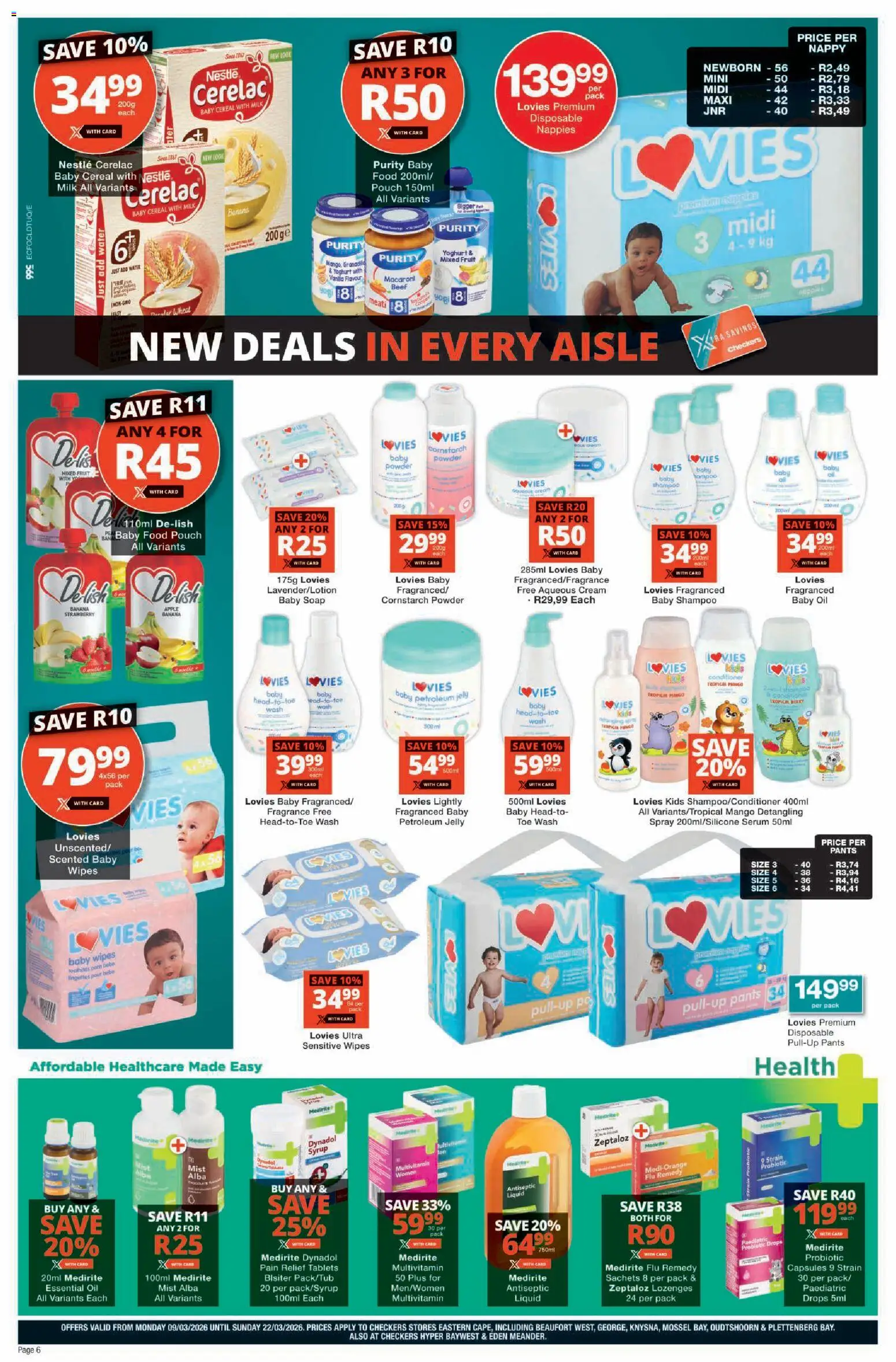 New Checkers catalogue – valid from 09.03.2026 | Page: 6 | Products: Conditioner, Soap, Baby food, Nappies