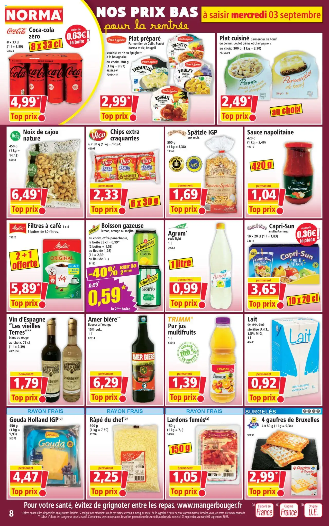 | Page: 8 | Produits: Spaghetti, Saucisse, Jus, Gaufres